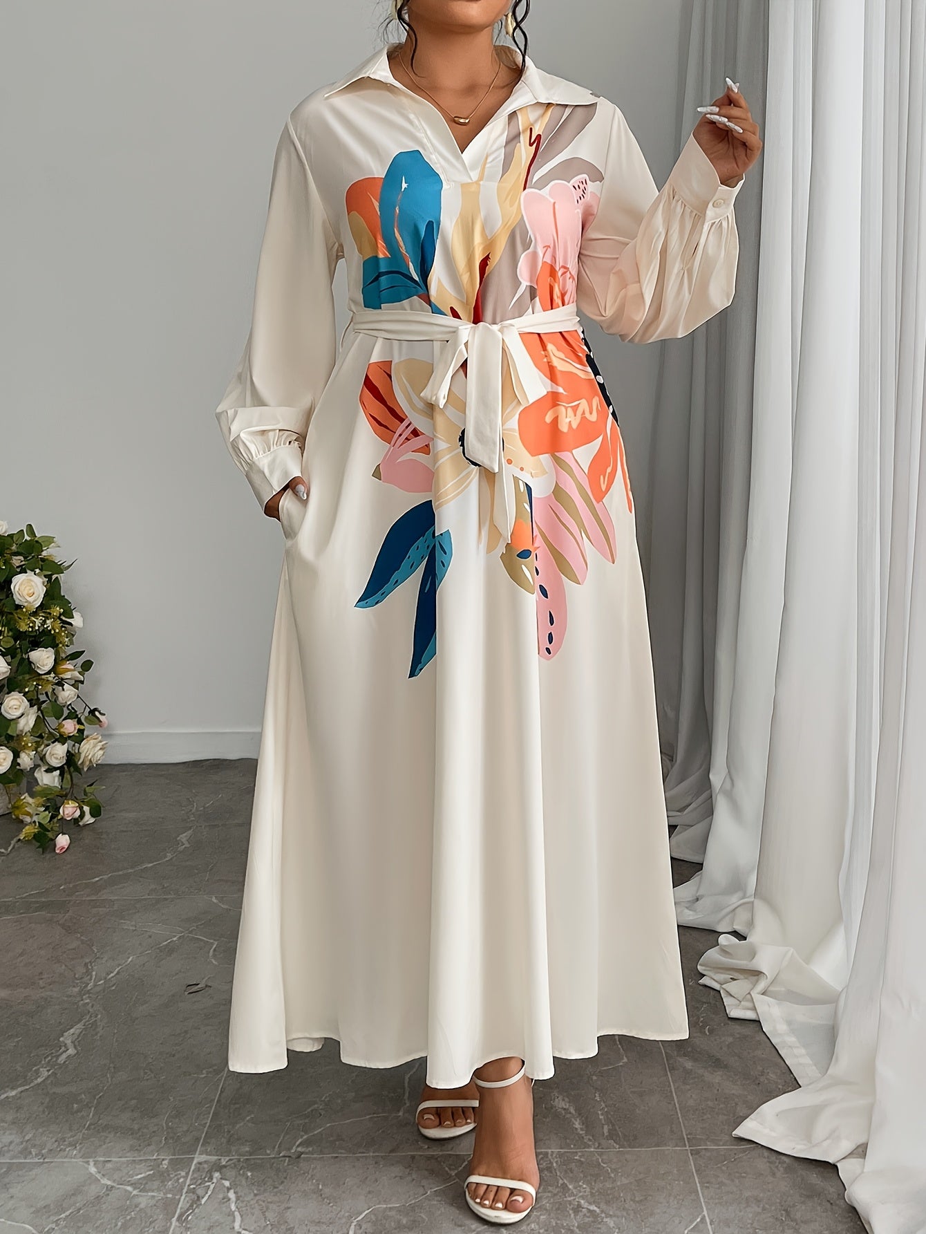Plus Size, Plus Size Women's Elegant Floral Pattern Loose Side Pocket Maxi Dress, Spring/Autumn Long Length