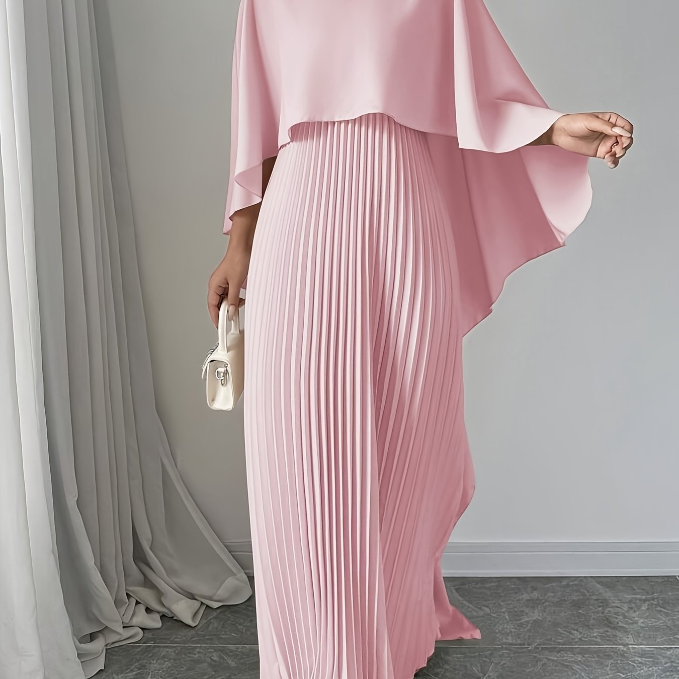 Stylish Women's Long Pleated Cape Dress with Cardigan Set