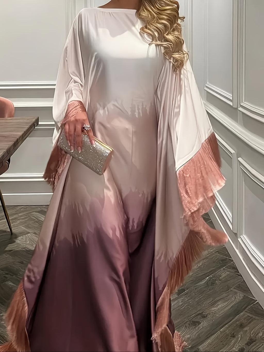 Robe longue ombre élégante rose dégradé à lavande pour femmes avec ourlet à pampilles irréguliers