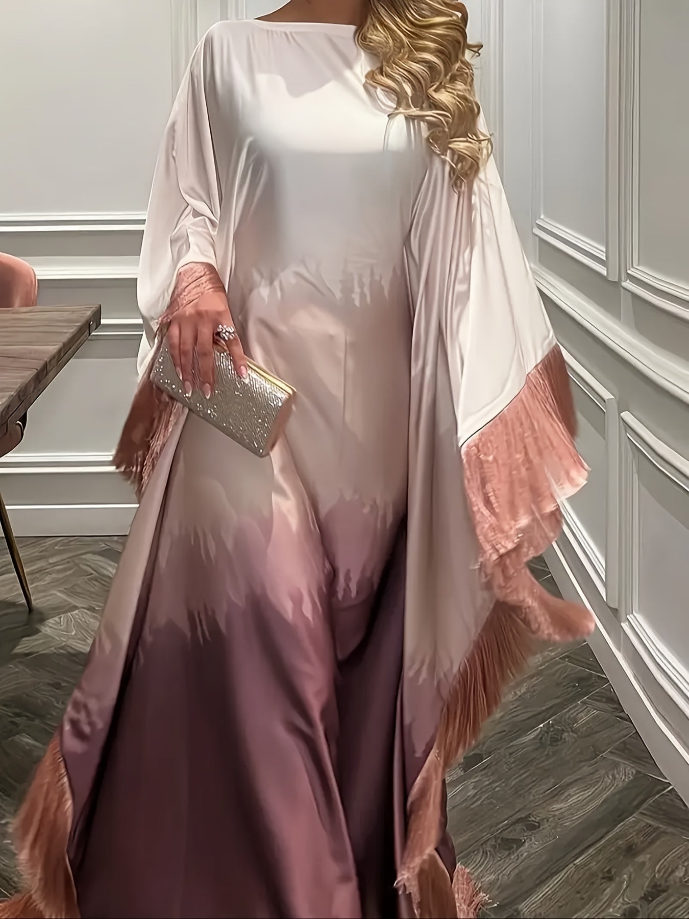 Robe longue ombre élégante rose dégradé à lavande pour femmes avec ourlet à pampilles irréguliers