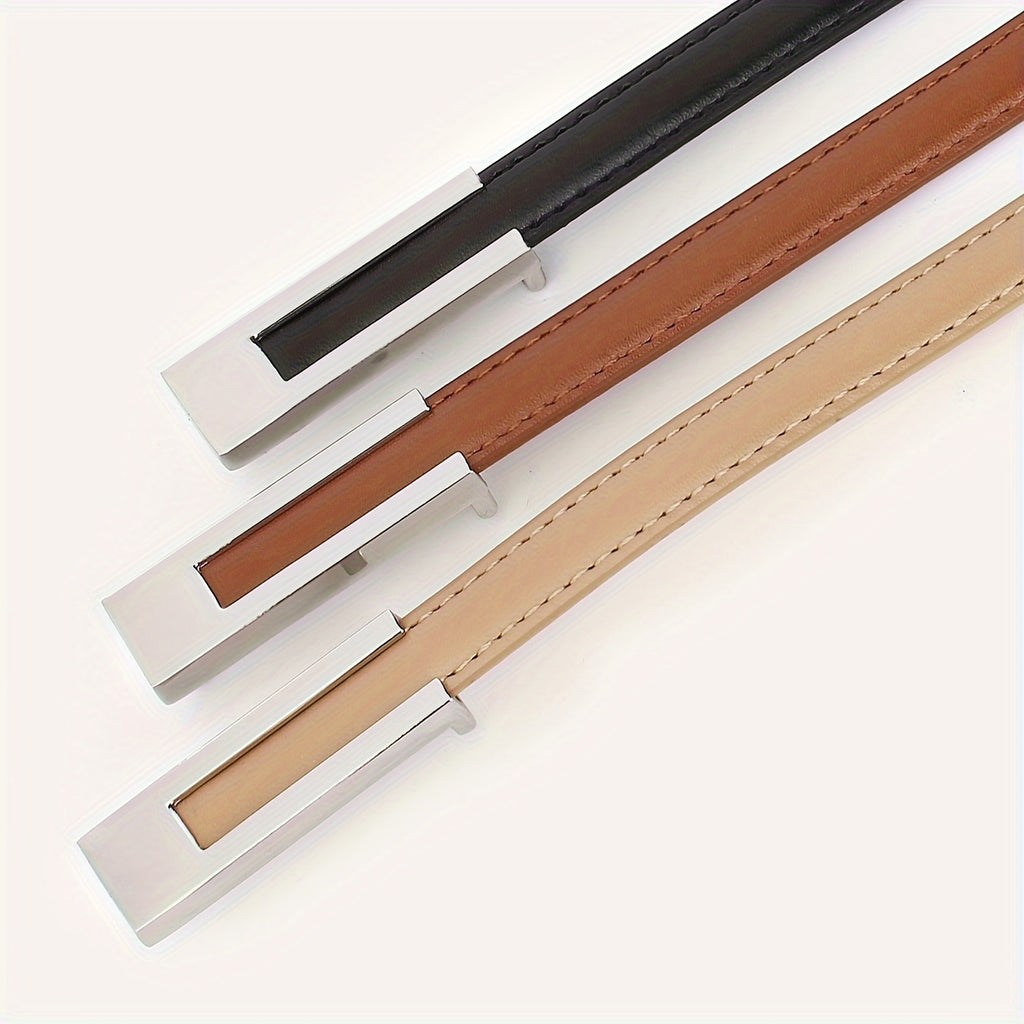 3 ceintures skinny en similicuir pour femmes avec boucles en métal - Noir, marron, beige