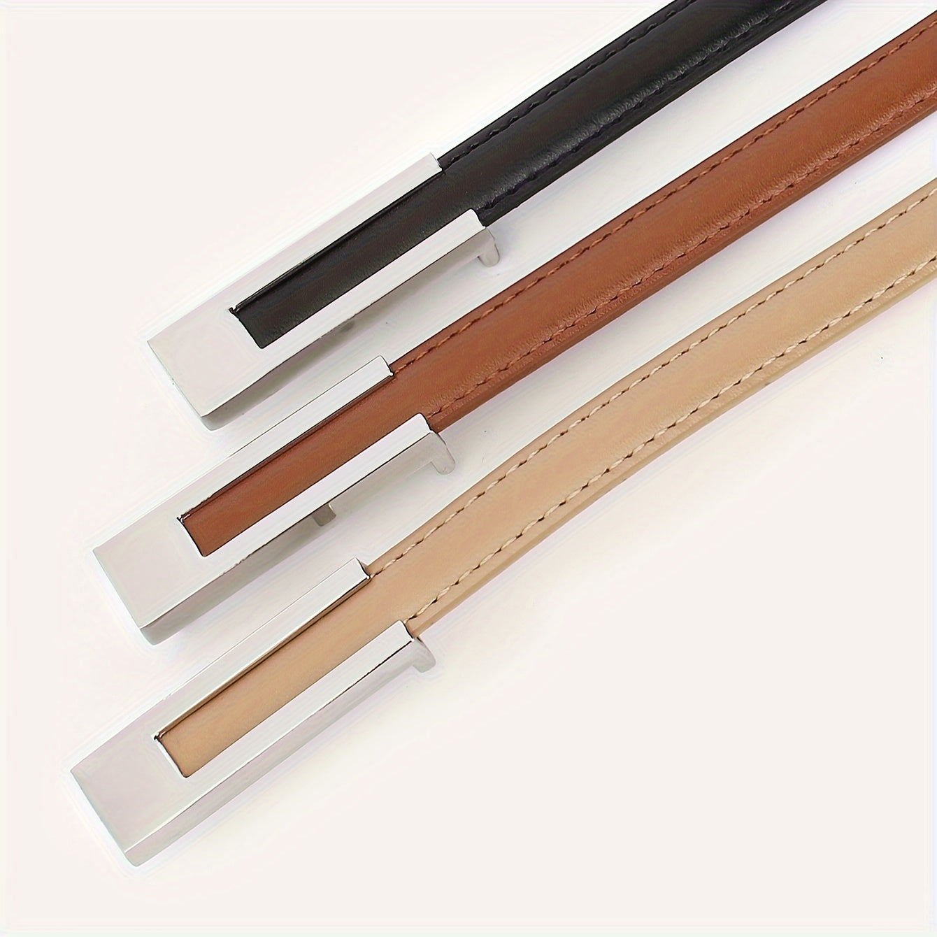 3 ceintures skinny en similicuir pour femmes avec boucles en métal - Noir, marron, beige