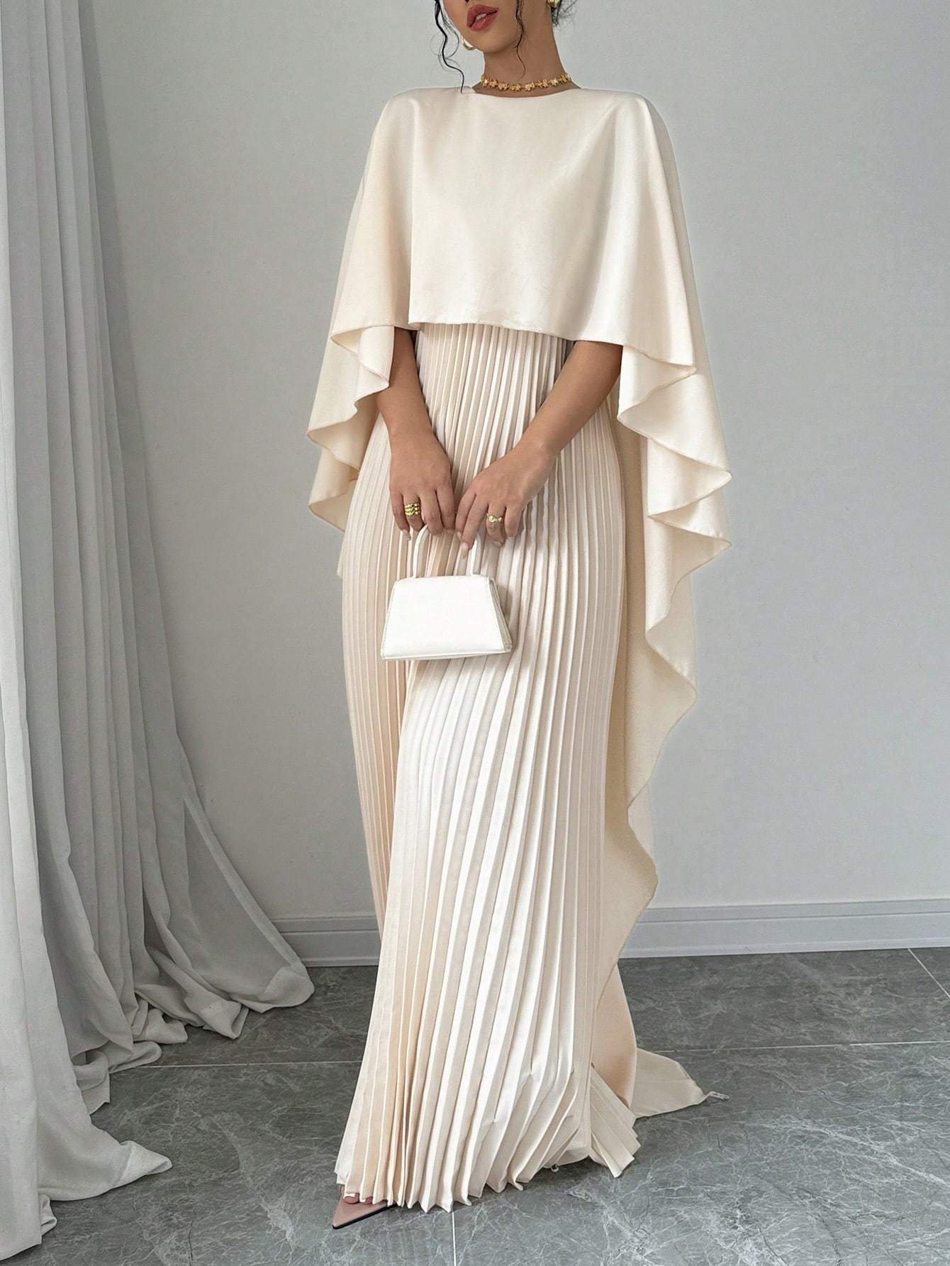 Stylish Women's Long Pleated Cape Dress with Cardigan Set