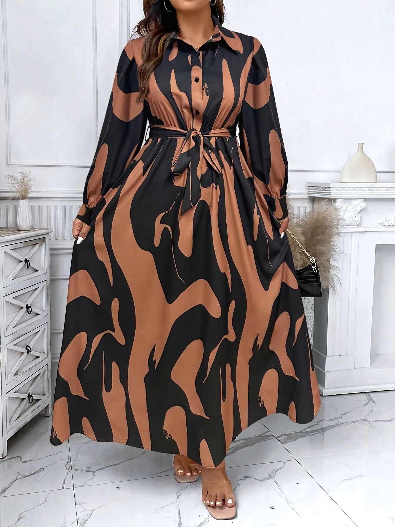 Robe chemise à manches longues pour femmes grande taille - Taille ceinturée