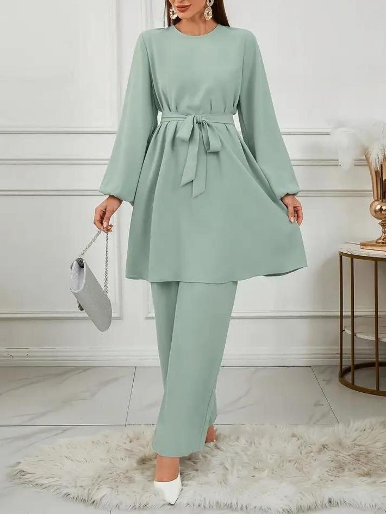 Grande taille, ensemble Abaya vert clair élégant pour femmes