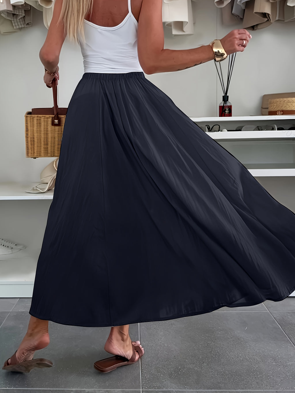 Women'S Casual Solid Color Flared Skirt with Pockets - Regular Fit, All-Season, No Belt, Allseason Skirt|Casual Style Skirt|Pocketed Skirt