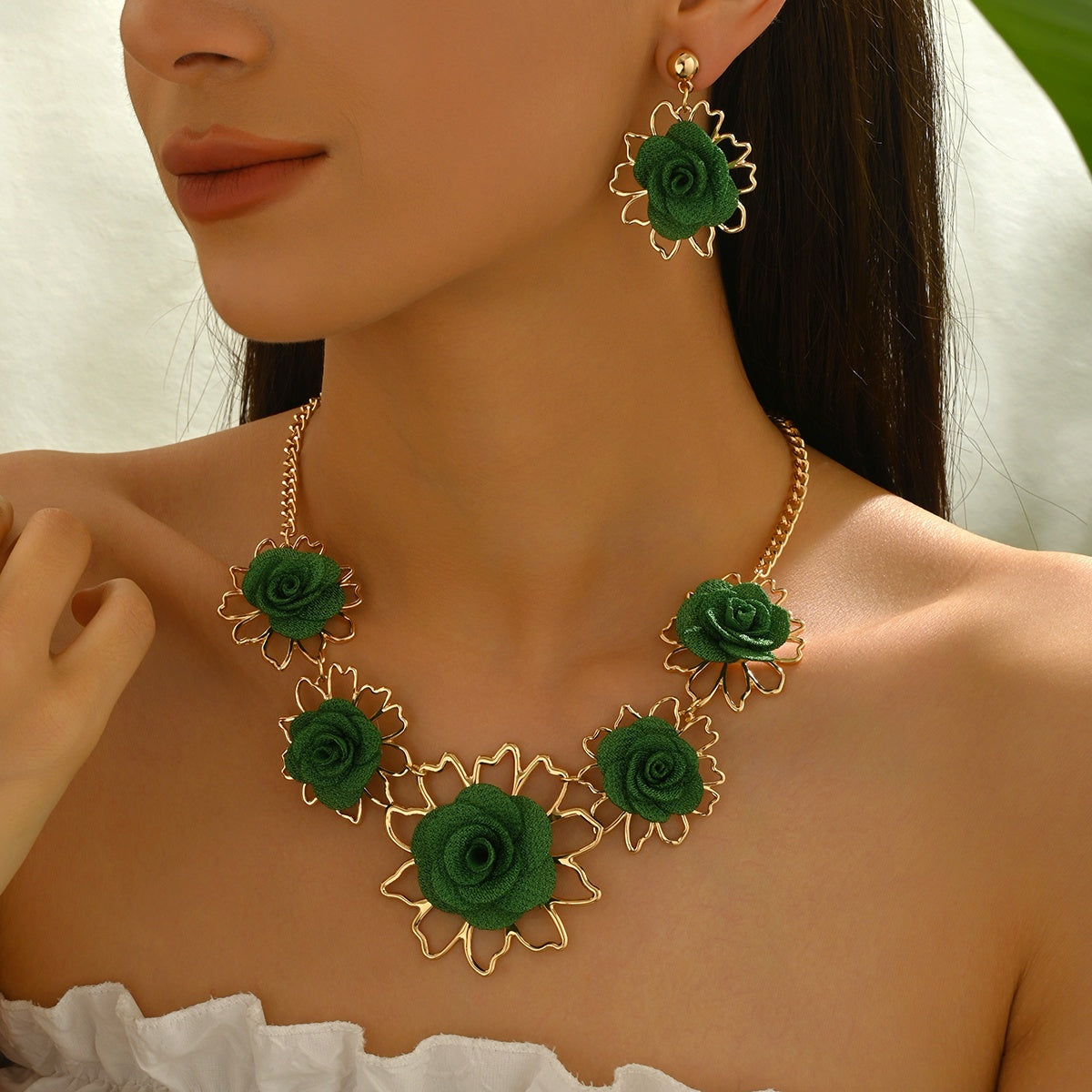 Ensemble de bijoux floraux verts élégants 2 pièces