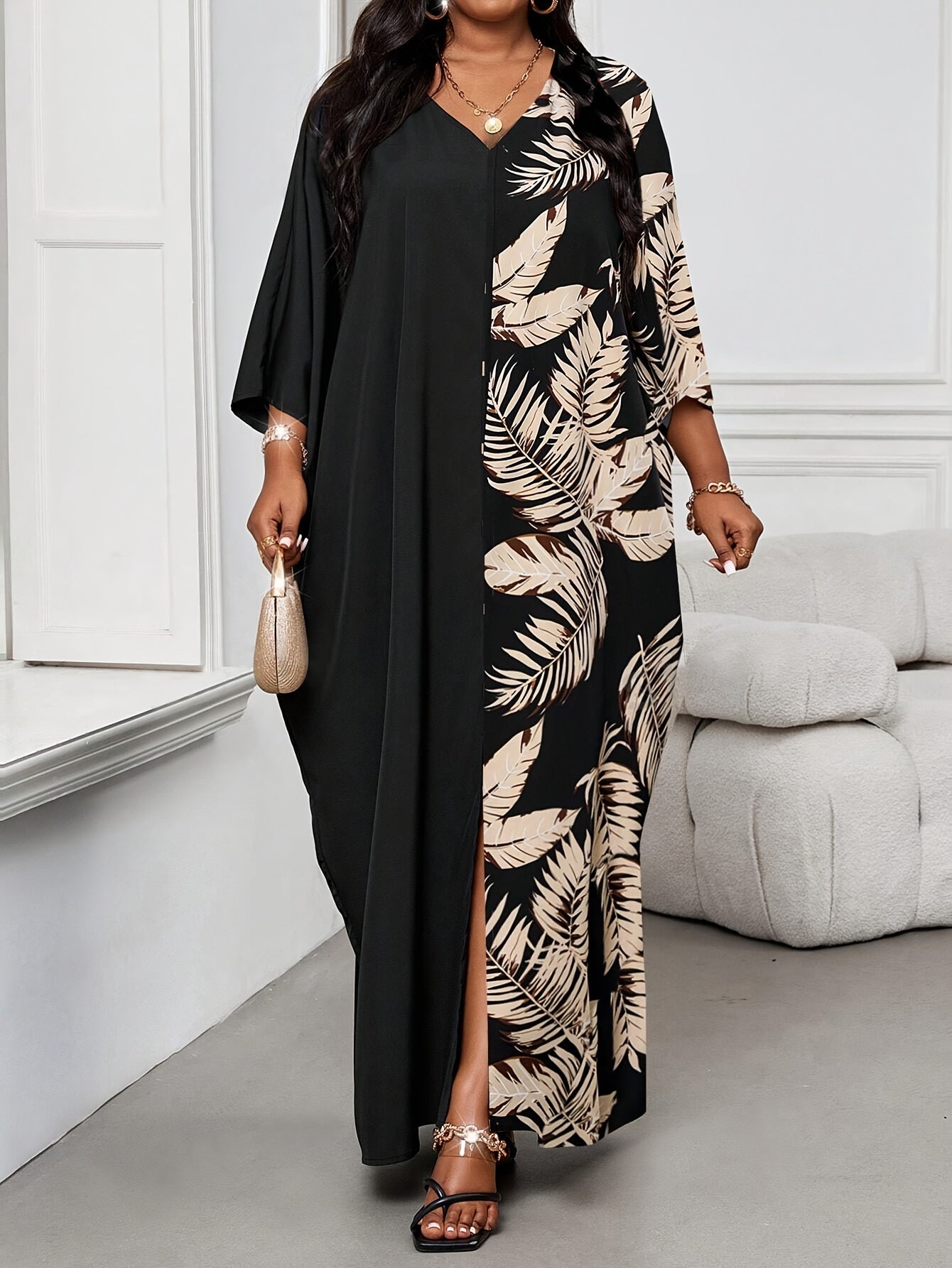 Grande taille, élégante robe longue élégante à col rond et manches longues à blocs de couleur