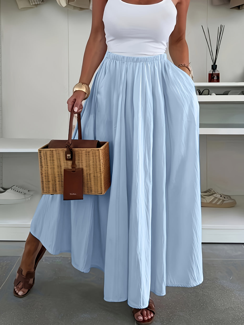 Women'S Casual Solid Color Flared Skirt with Pockets - Regular Fit, All-Season, No Belt, Allseason Skirt|Casual Style Skirt|Pocketed Skirt