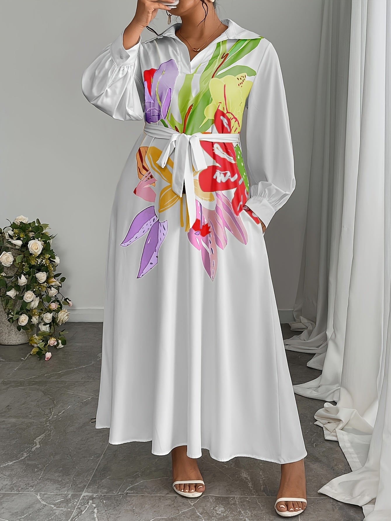 Plus Size, Plus Size Women's Elegant Floral Pattern Loose Side Pocket Maxi Dress, Spring/Autumn Long Length