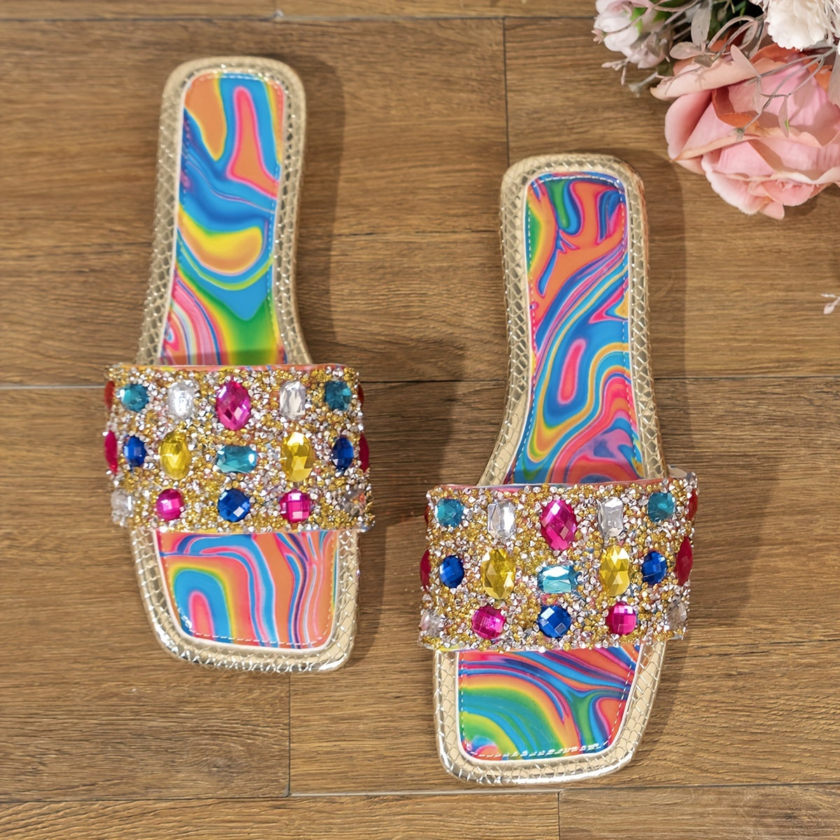 Sandales plates à glissière colorées en strass pour femmes