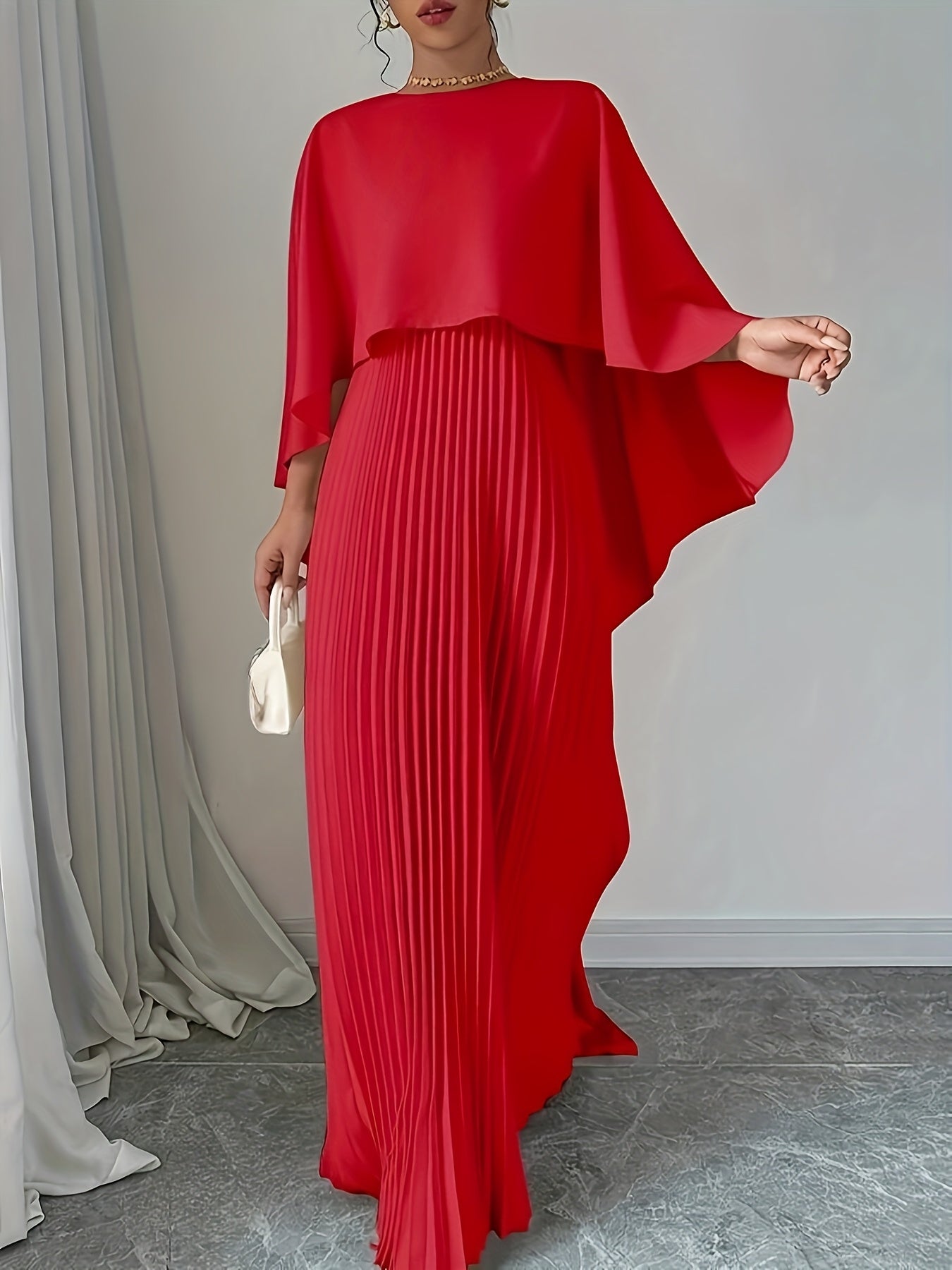Stylish Women's Long Pleated Cape Dress with Cardigan Set