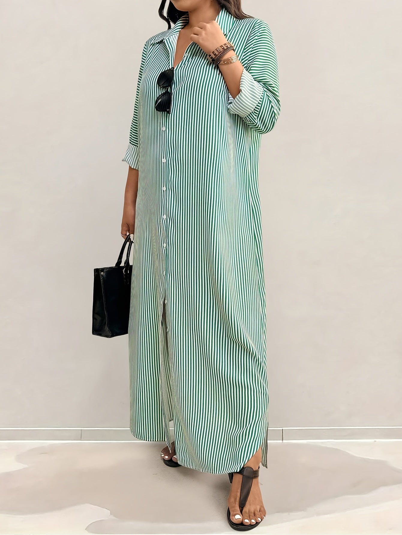 Grande taille - Robe chemise longue rayée élégante pour femmes grande taille
