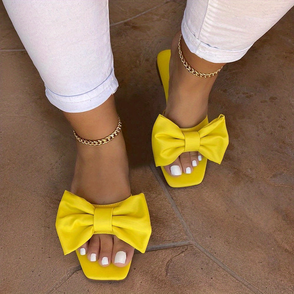 Pantoufles plates Bowknot pour femmes, chaussures antidérapantes à bout ouvert