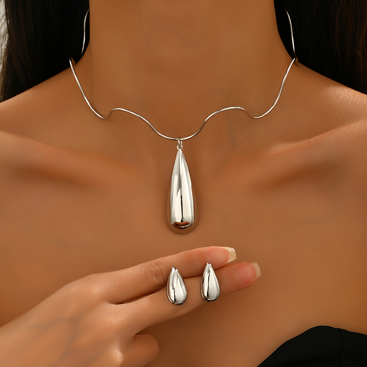 1 ensemble de 3 boucles d'oreilles en forme de larme et collier ras du cou d'inspiration vintage