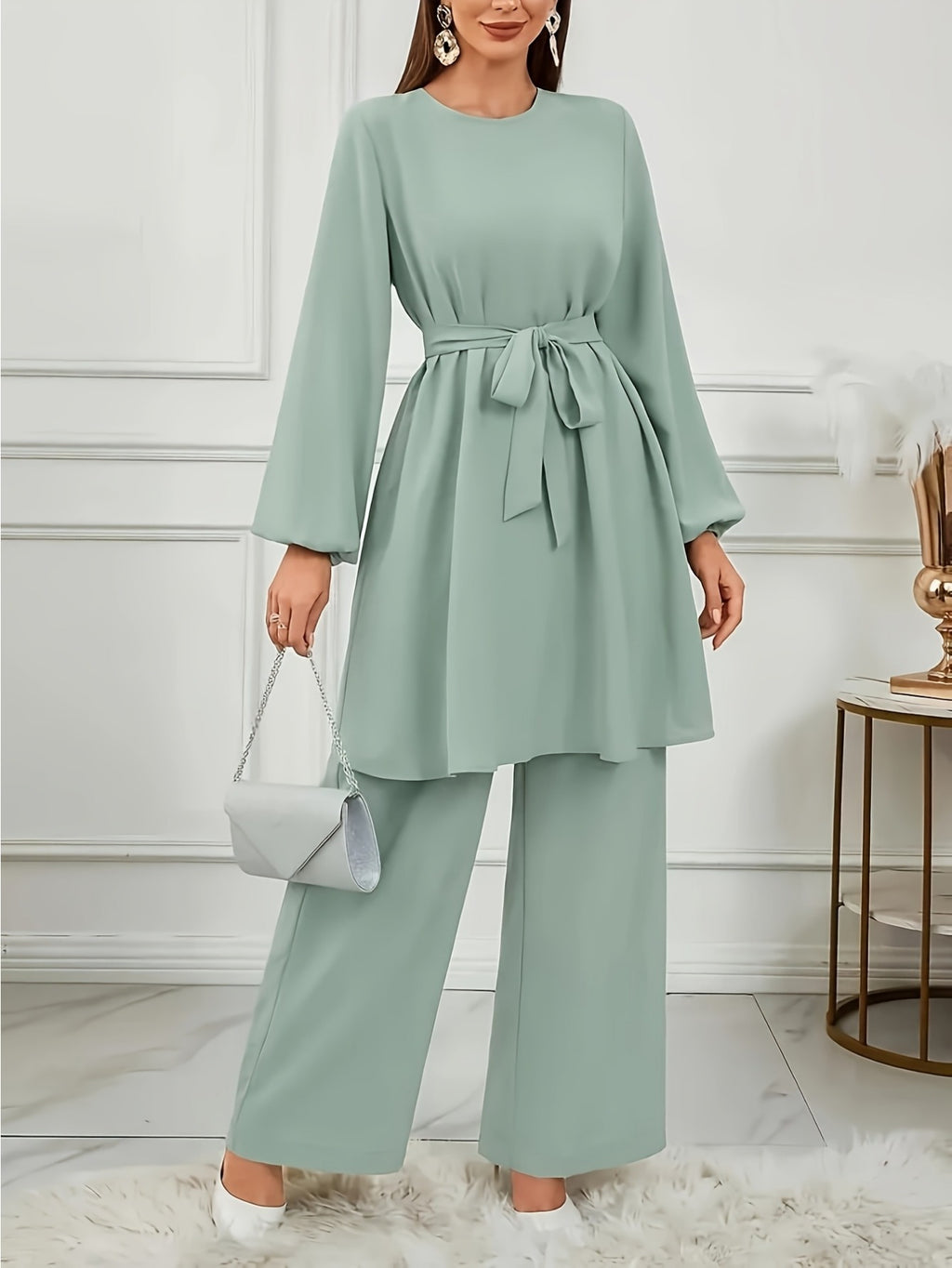 Grande taille - Ensemble deux pièces élégant vert clair pour femmes Abaya