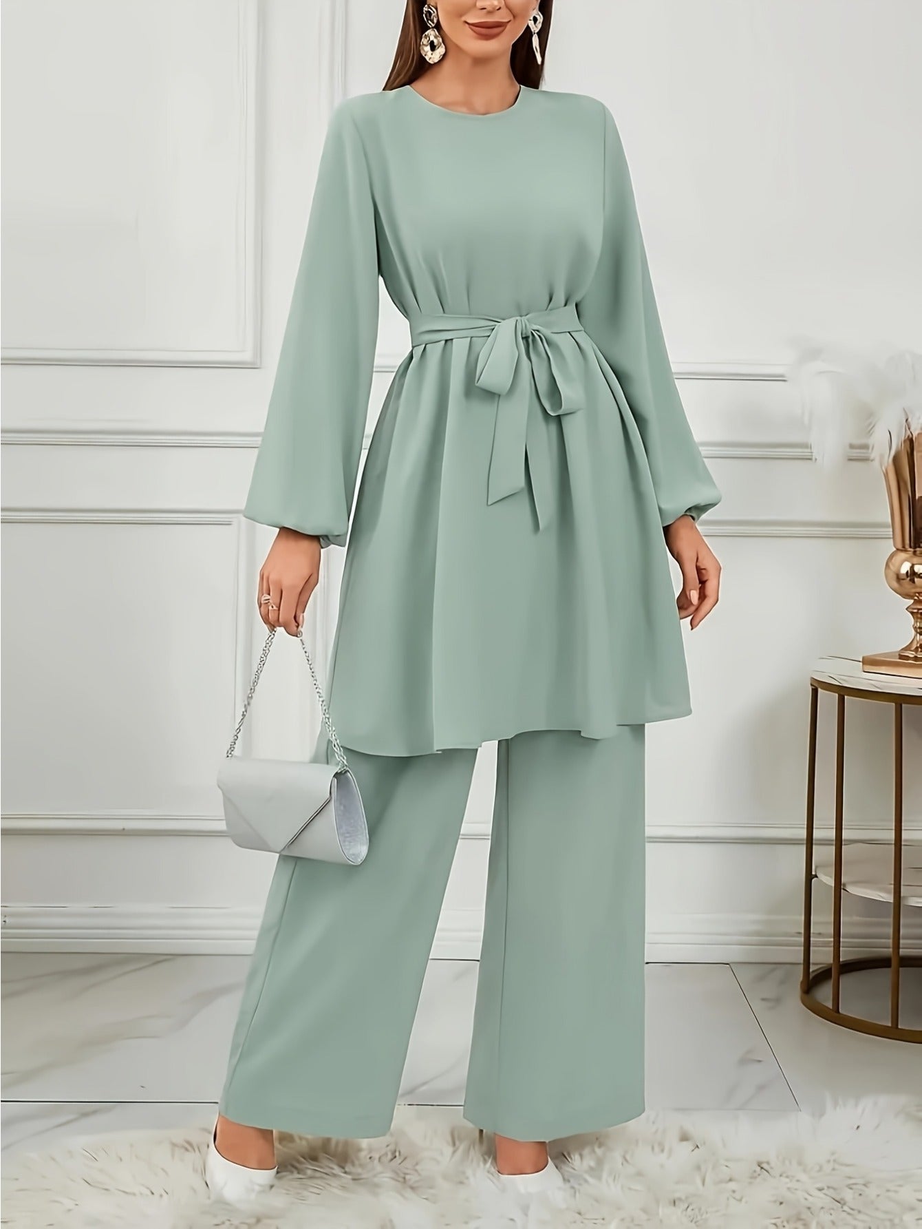 Grande taille, ensemble Abaya vert clair élégant pour femmes