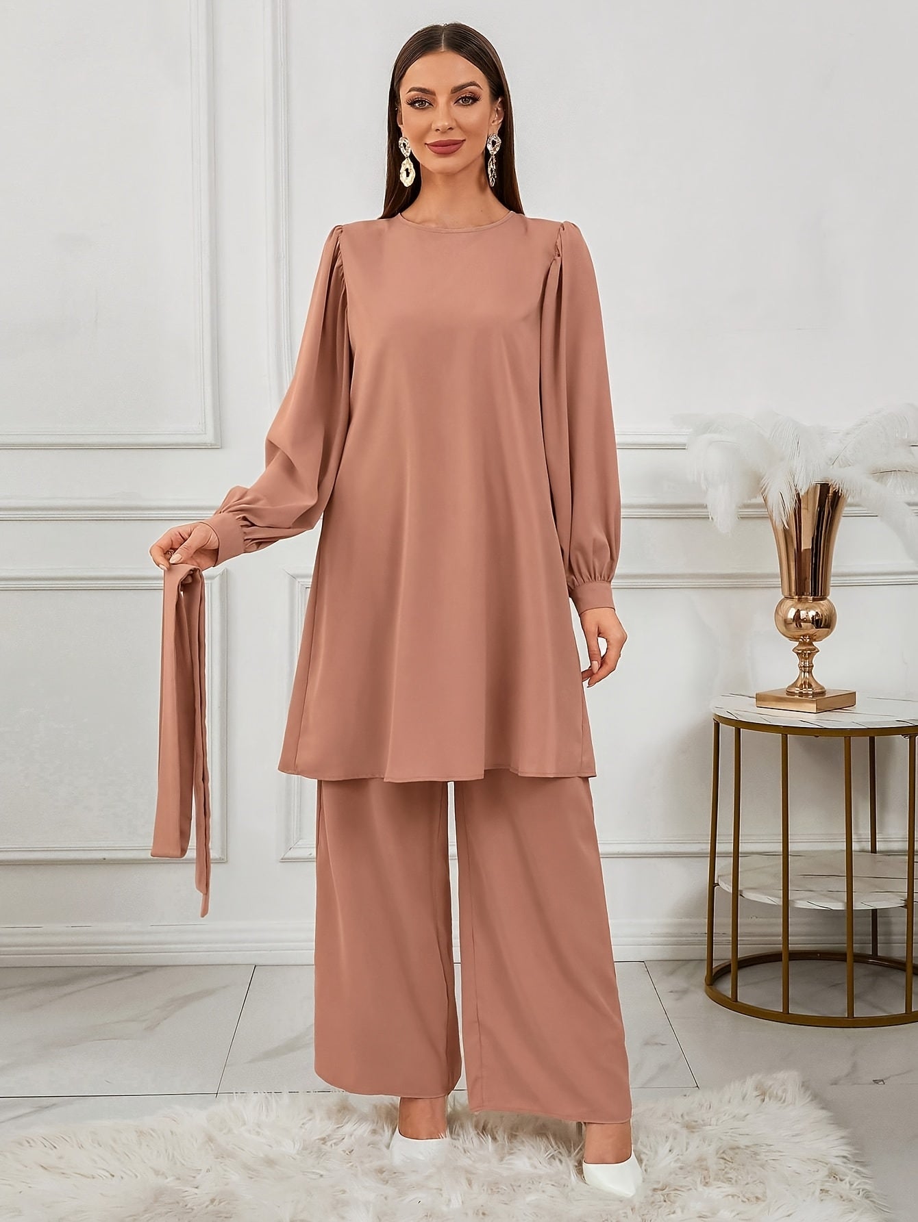 Ensemble Haut Et Pantalon À Manches Ensemble Haut Et Pantalon À Manches Longues À Col Rond De Couleur Unie Pour Femmes