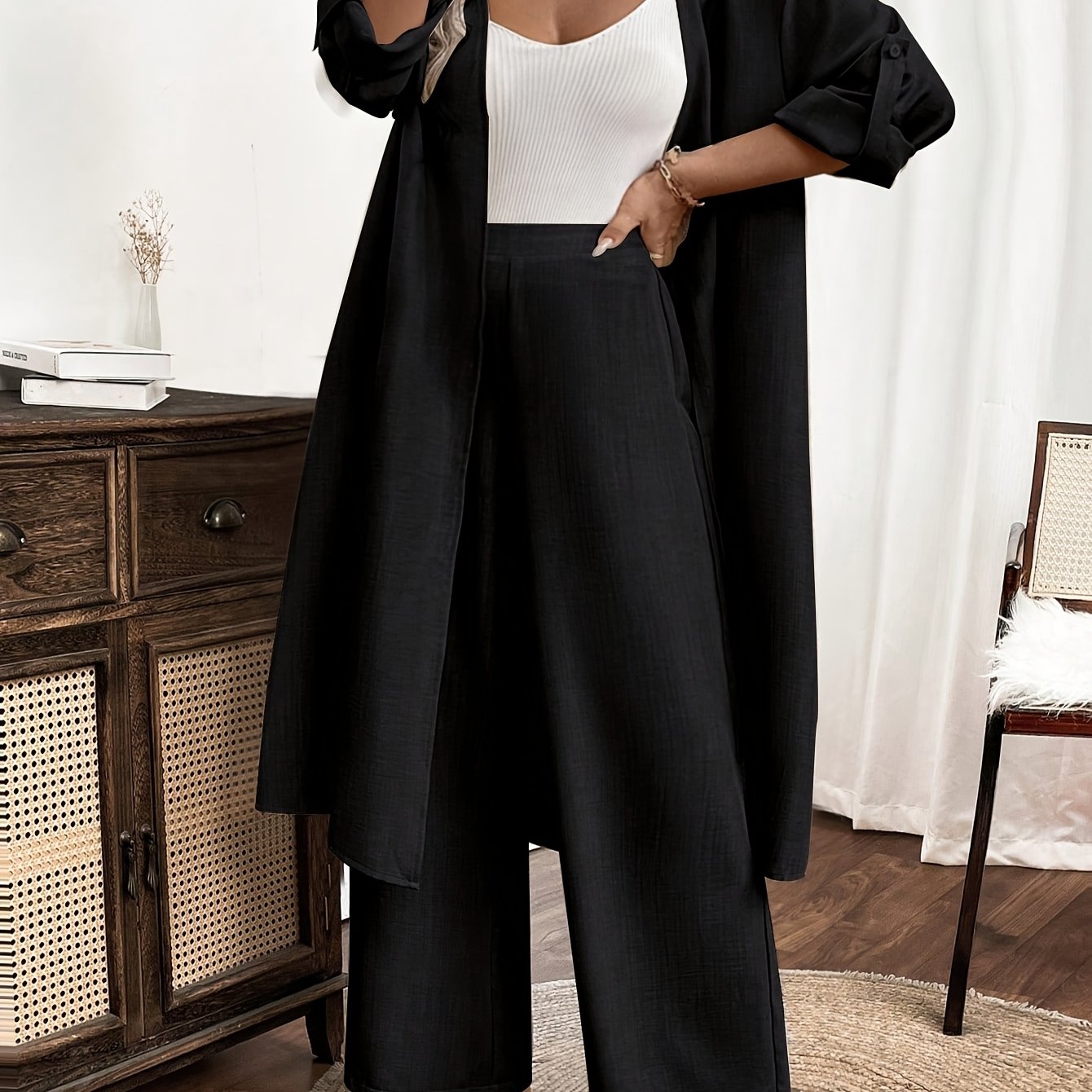 Grande Taille - Ensemble Haut + Pantalon Élégant À Manches Longues Décontracté En Deux Pièces Grande Taille Pour Femmes
