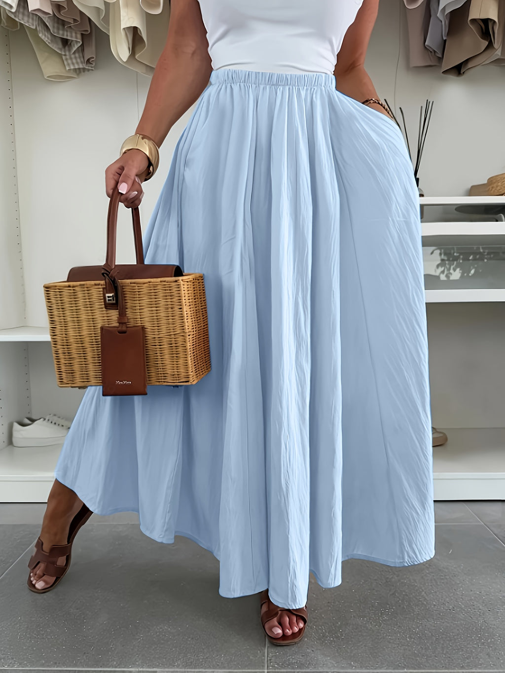 Women'S Casual Solid Color Flared Skirt with Pockets - Regular Fit, All-Season, No Belt, Allseason Skirt|Casual Style Skirt|Pocketed Skirt