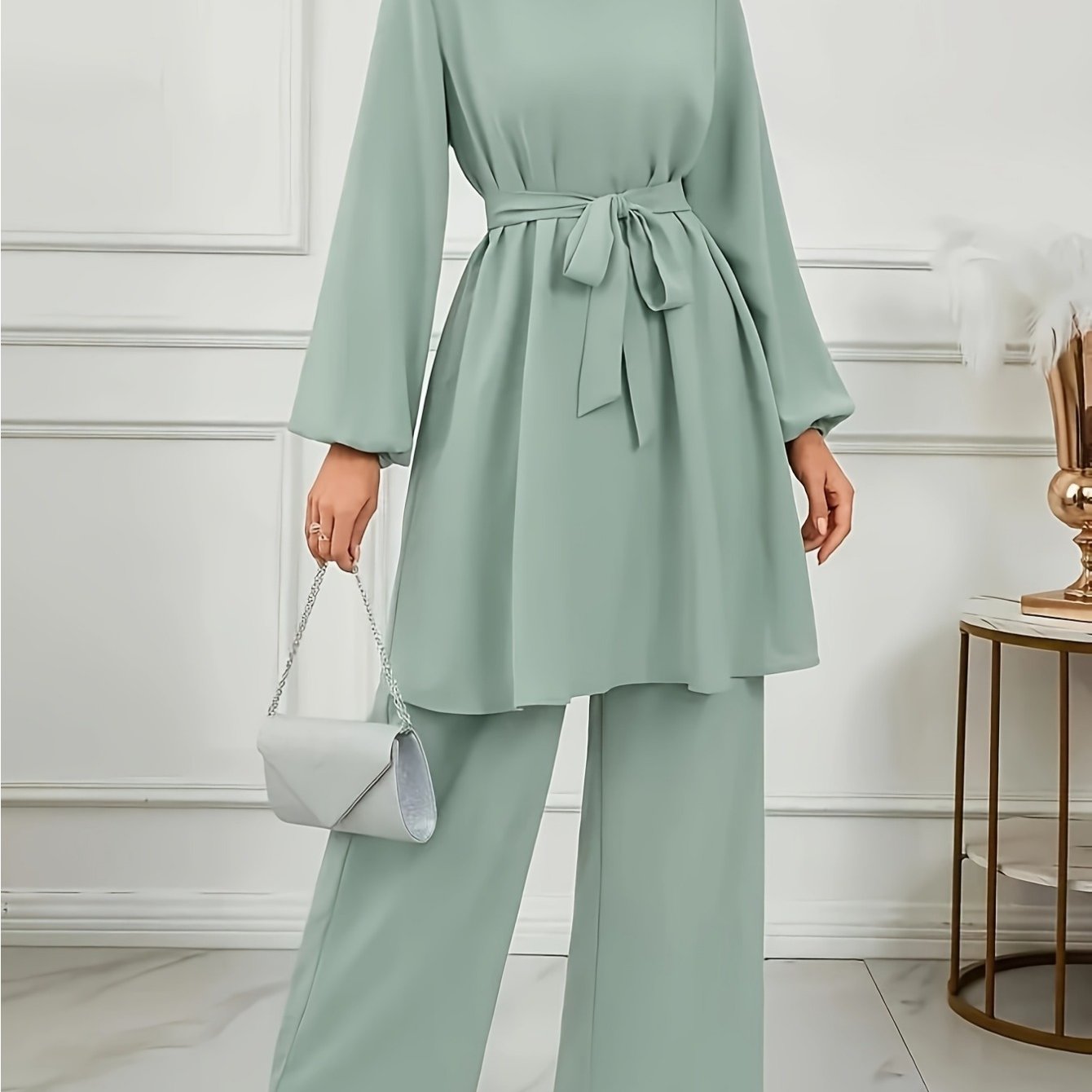 Grande taille, ensemble Abaya vert clair élégant pour femmes