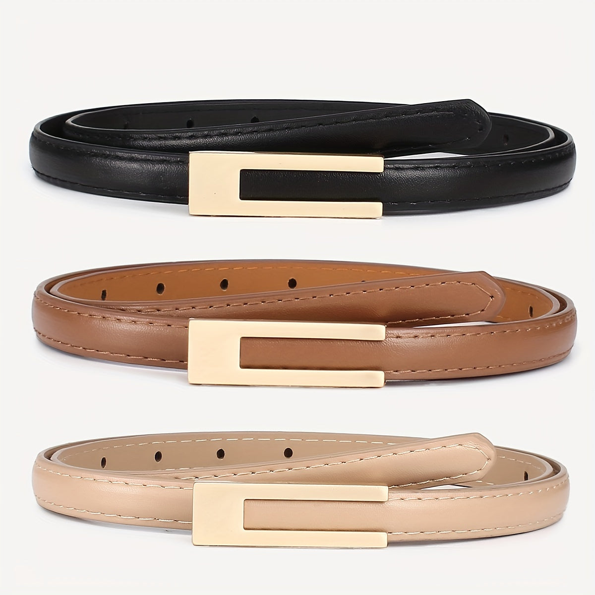 3 ceintures skinny en similicuir pour femmes avec boucles en métal - Noir, marron, beige