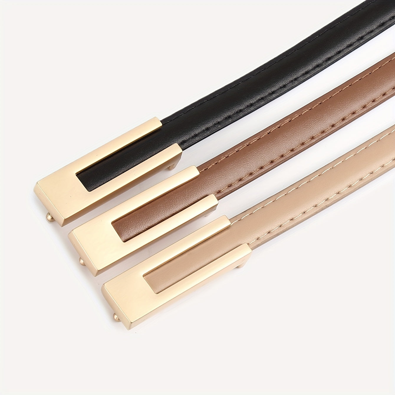 3 ceintures skinny en similicuir pour femmes avec boucles en métal - Noir, marron, beige
