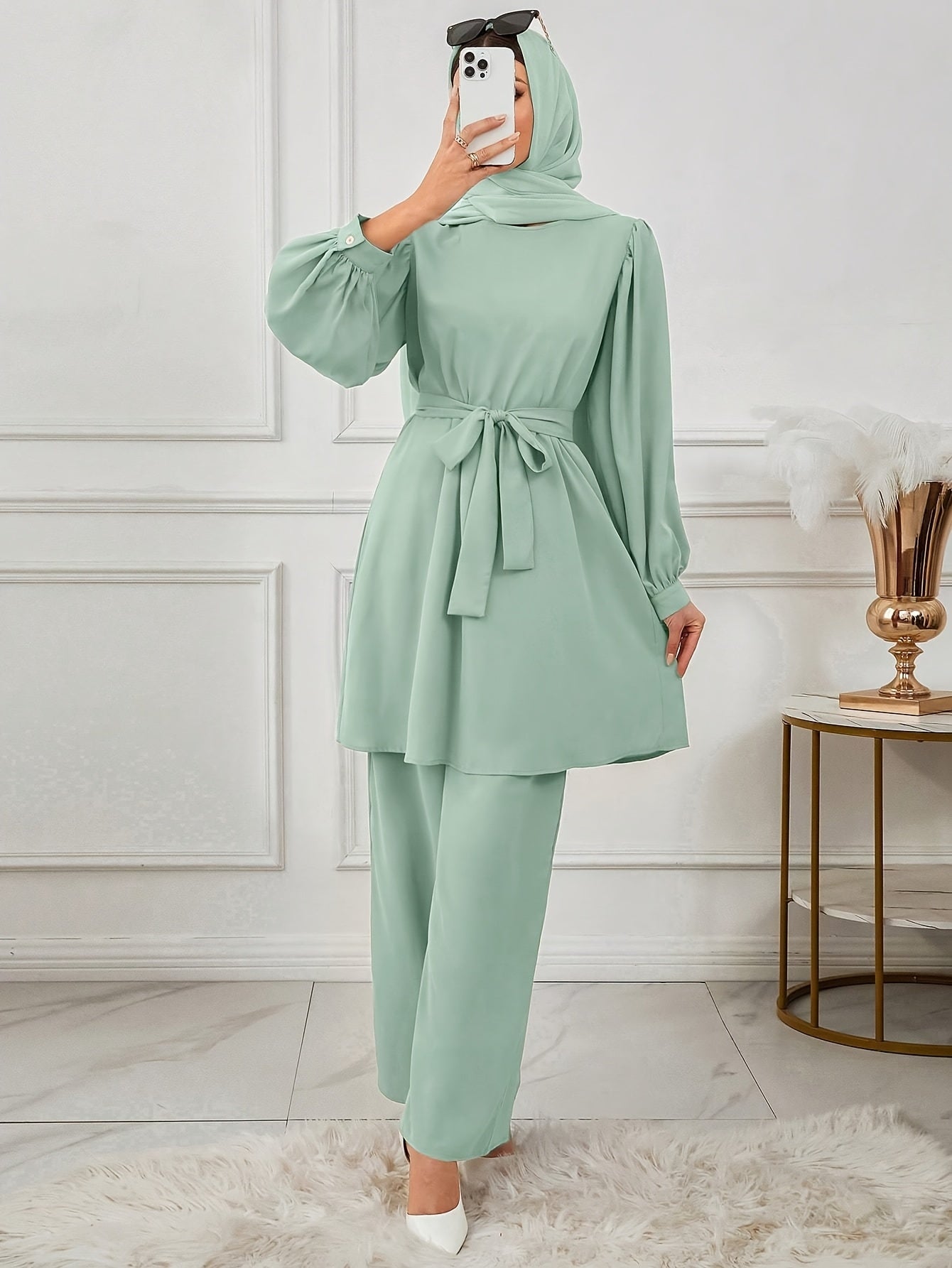Ensemble Haut Et Pantalon À Manches Ensemble Haut Et Pantalon À Manches Longues À Col Rond De Couleur Unie Pour Femmes
