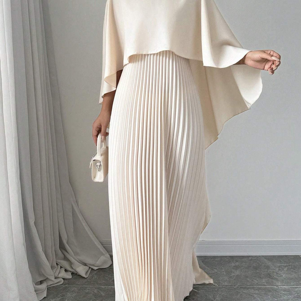 Stylish Women's Long Pleated Cape Dress with Cardigan Set
