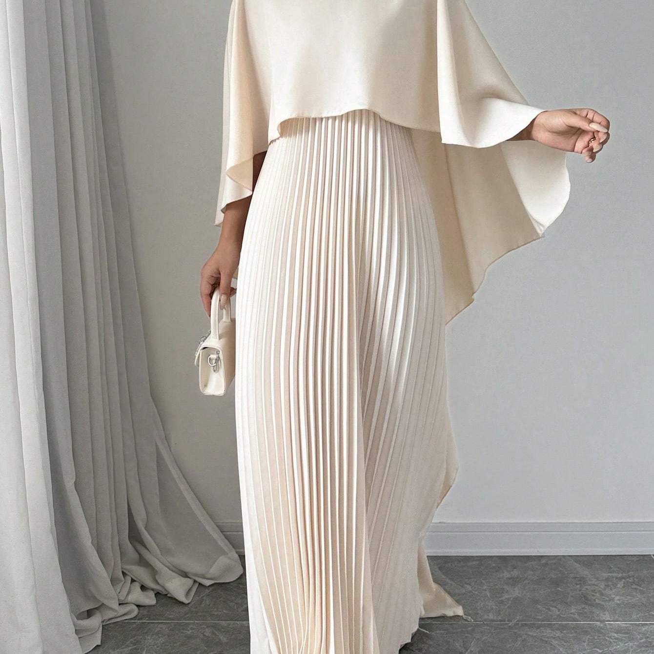 Stylish Women's Long Pleated Cape Dress with Cardigan Set