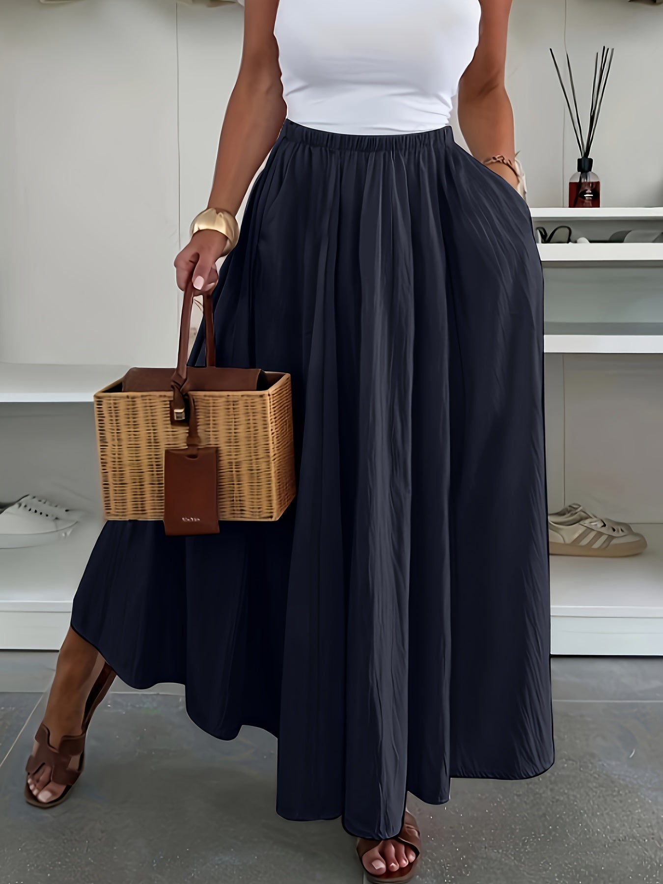 Women'S Casual Solid Color Flared Skirt with Pockets - Regular Fit, All-Season, No Belt, Allseason Skirt|Casual Style Skirt|Pocketed Skirt