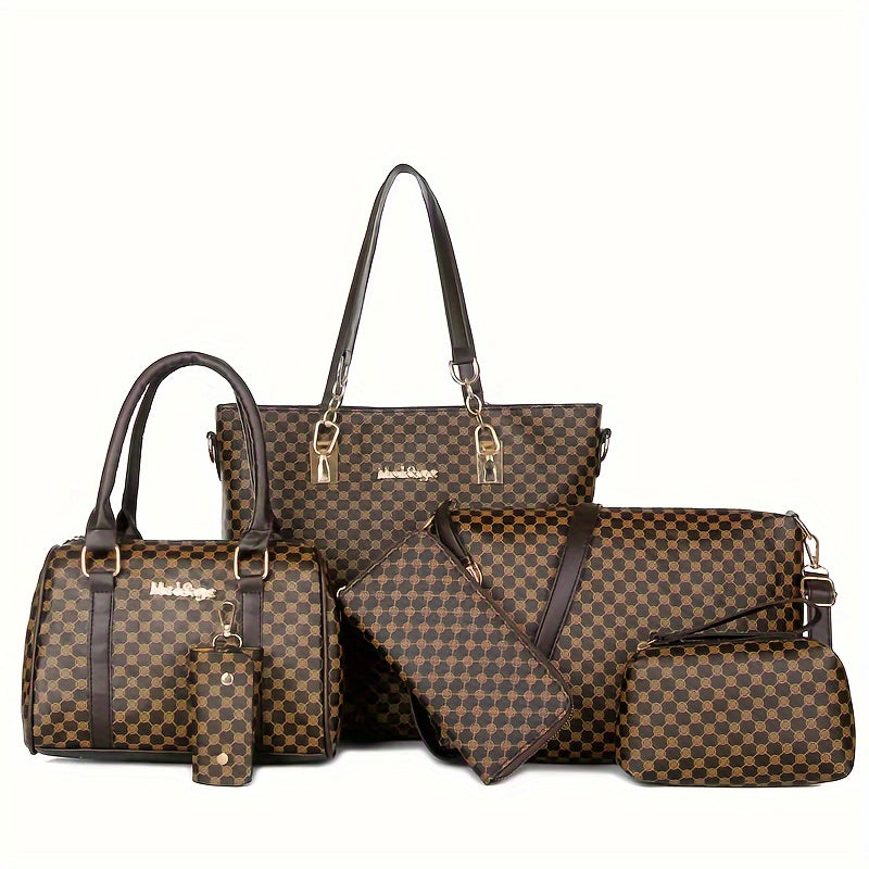 Ensemble de sacs à main de luxe à carreaux noirs et bruns de luxe de 6 pièces