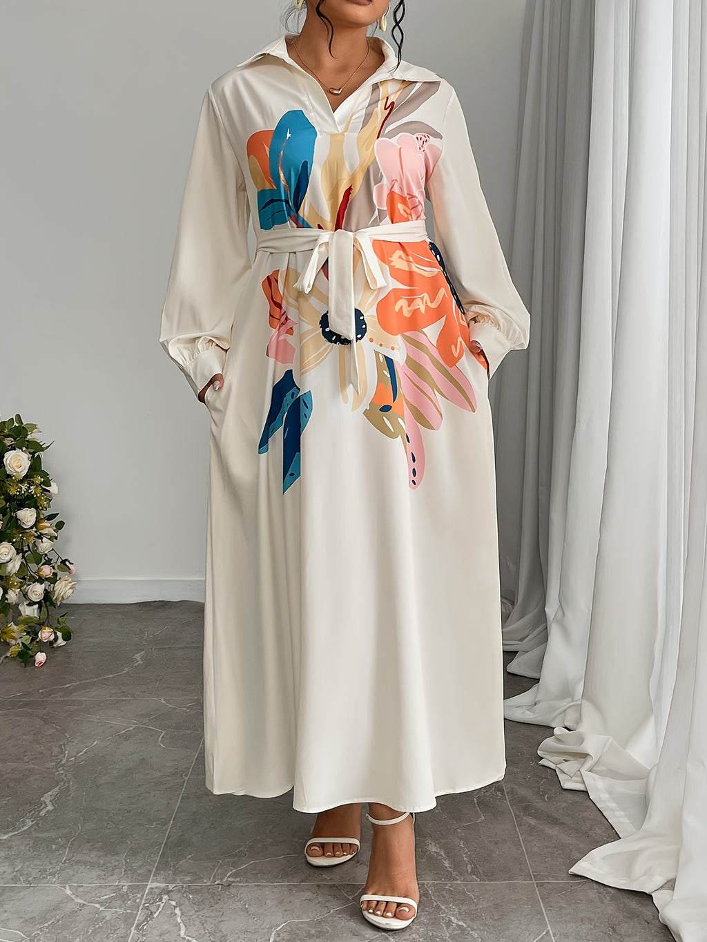 Plus Size, Plus Size Women's Elegant Floral Pattern Loose Side Pocket Maxi Dress, Spring/Autumn Long Length