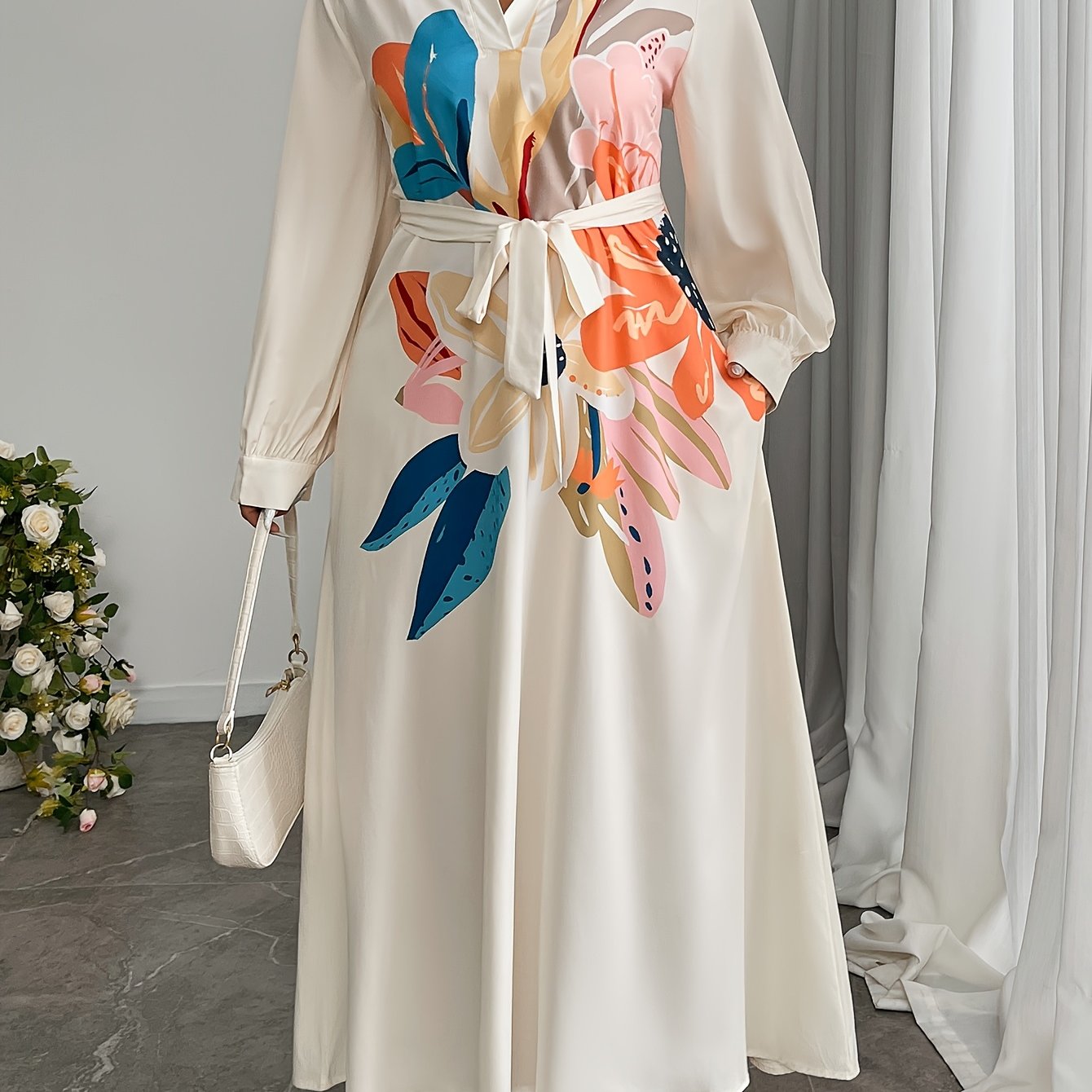 Plus Size, Plus Size Women's Elegant Floral Pattern Loose Side Pocket Maxi Dress, Spring/Autumn Long Length