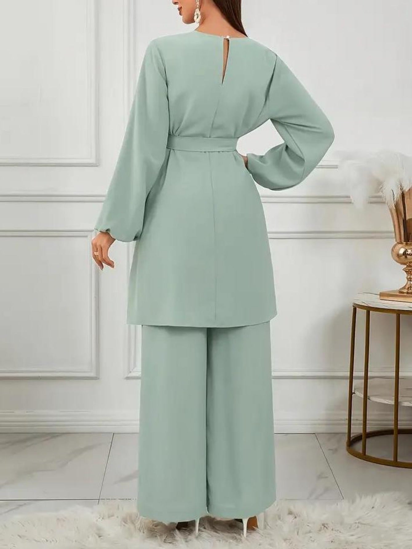 Grande taille - Ensemble deux pièces élégant vert clair pour femmes Abaya