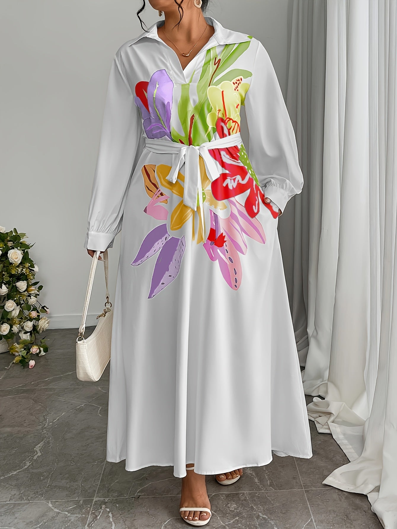 Plus Size, Plus Size Women's Elegant Floral Pattern Loose Side Pocket Maxi Dress, Spring/Autumn Long Length