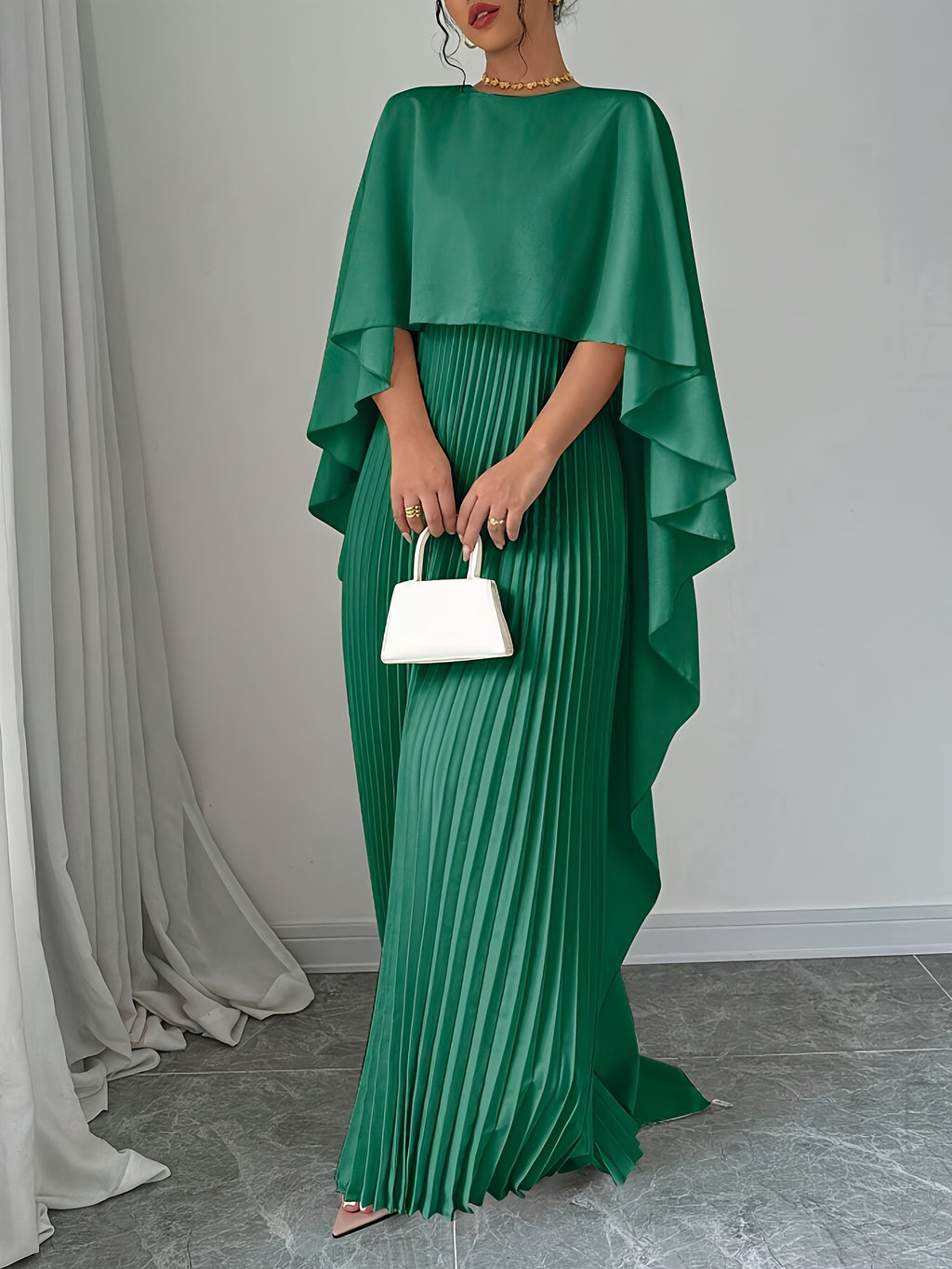 Stylish Women's Long Pleated Cape Dress with Cardigan Set
