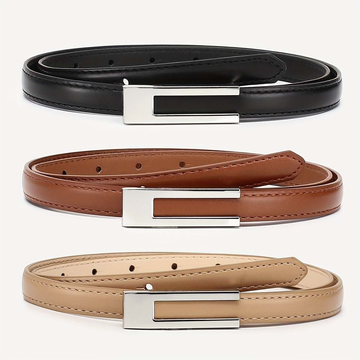 3 ceintures skinny en similicuir pour femmes avec boucles en métal - Noir, marron, beige