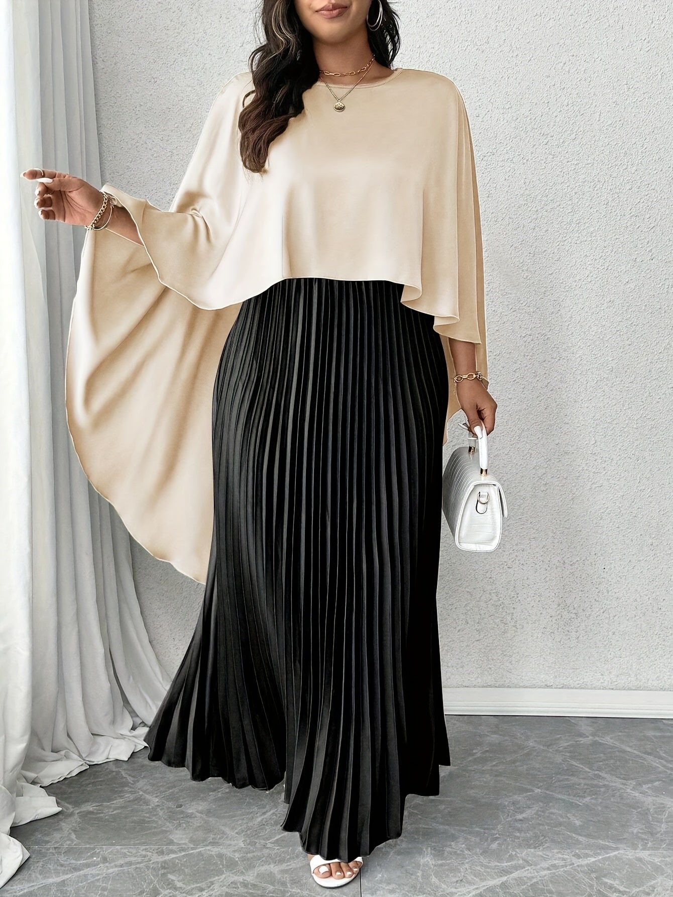 Large Size Women's Elegant Two-Piece Set, Suitable for Spring and Summer, Colorful Satin Shawl and Pleated Skirt, Fashionable and Slimming