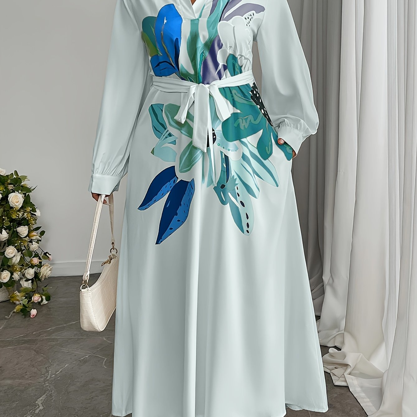 Plus Size, Plus Size Women's Elegant Floral Pattern Loose Side Pocket Maxi Dress, Spring/Autumn Long Length