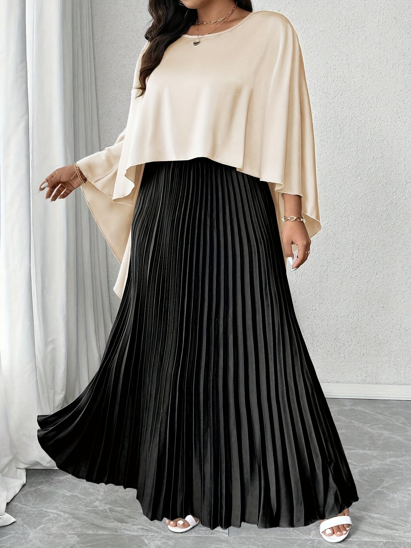 Large Size Women's Elegant Two-Piece Set, Suitable for Spring and Summer, Colorful Satin Shawl and Pleated Skirt, Fashionable and Slimming