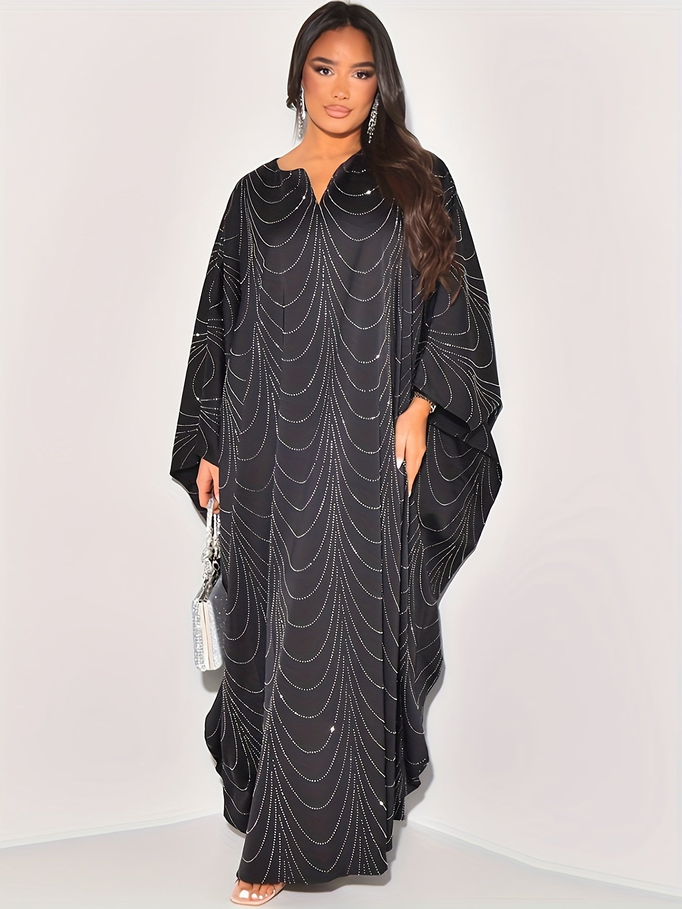 Élégante robe abaya kaftan noire ornée de strass - Coupe ample, manches longues, longueur maxi, polyester