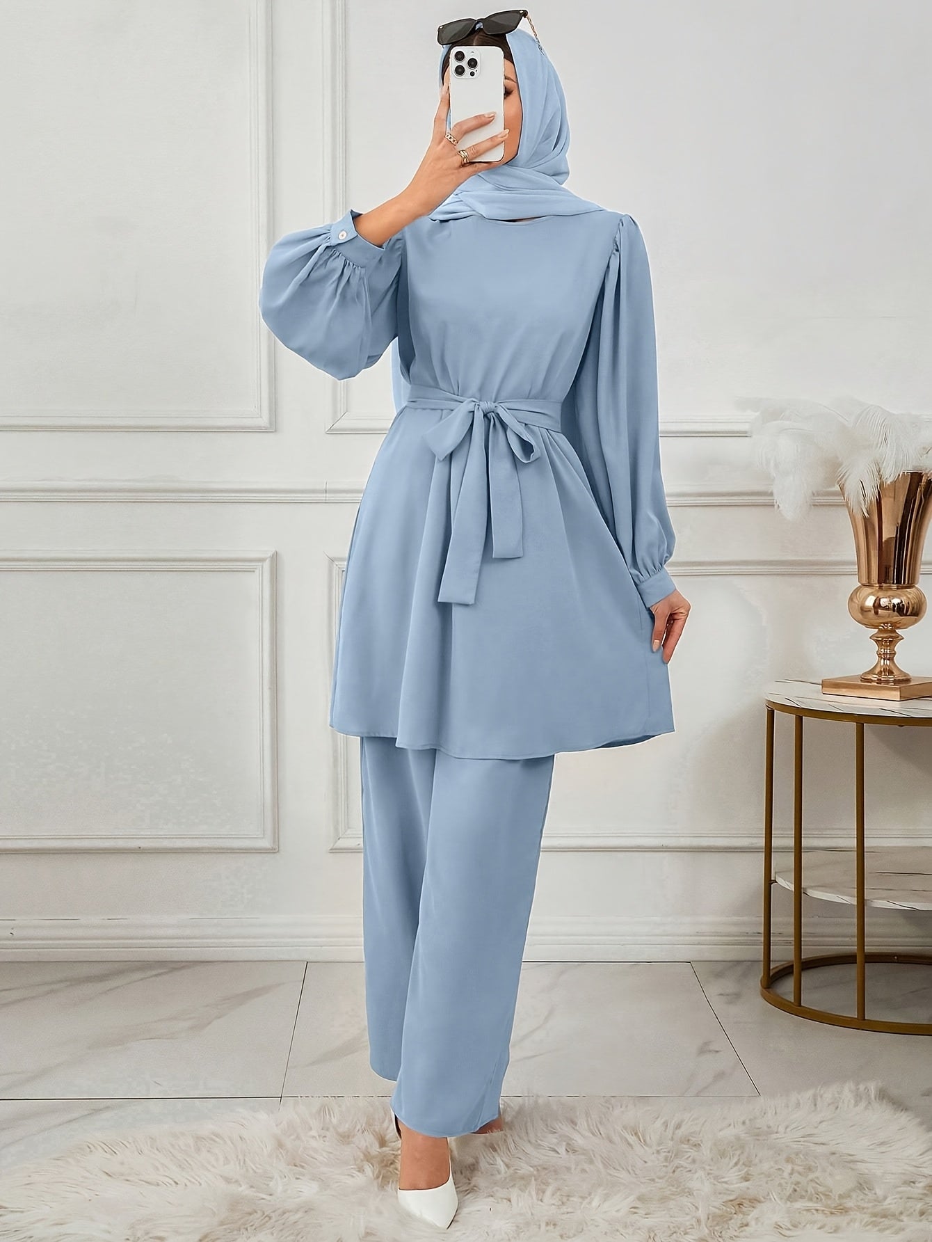 Ensemble Haut Et Pantalon À Manches Ensemble Haut Et Pantalon À Manches Longues À Col Rond De Couleur Unie Pour Femmes