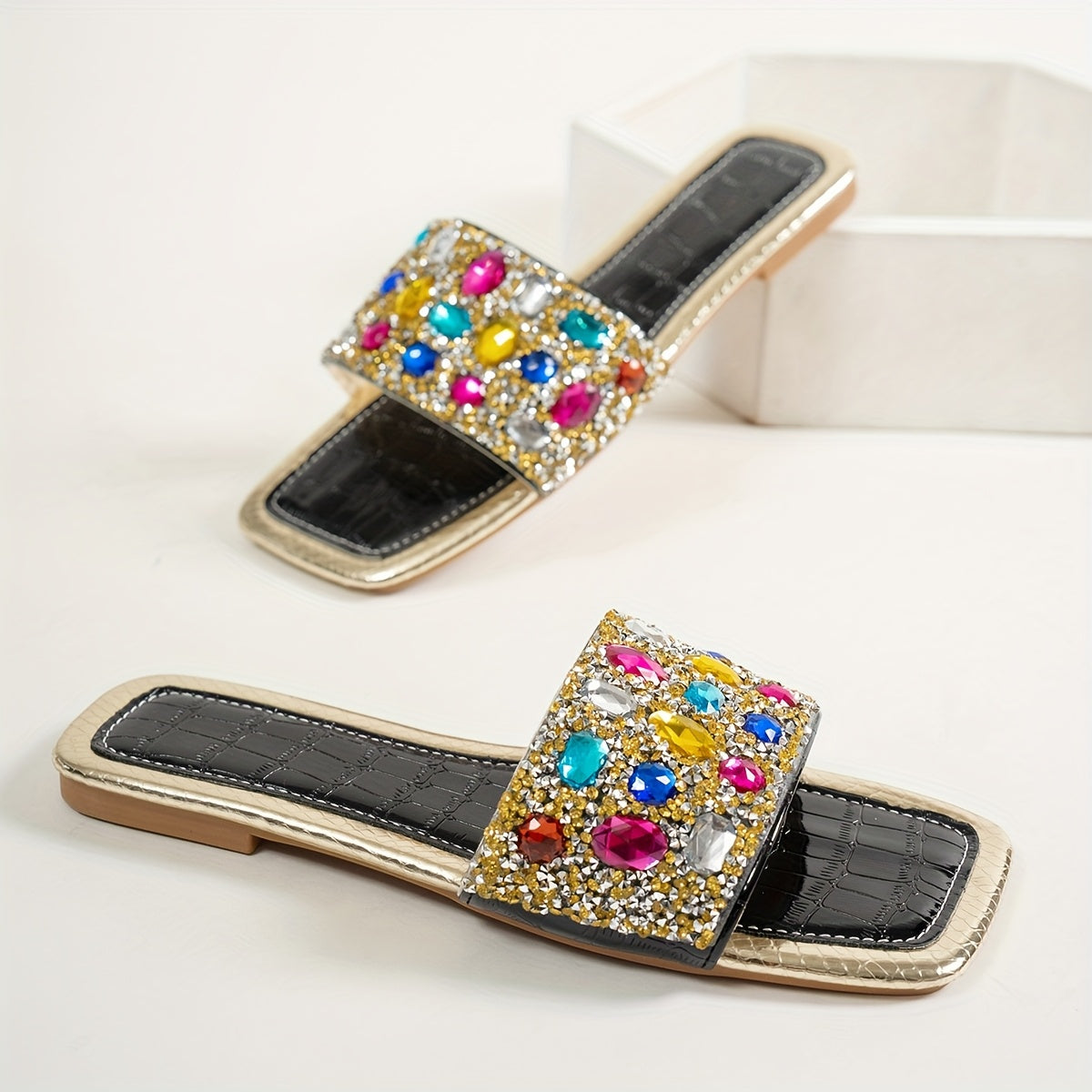 Sandales plates à glissière colorées en strass pour femmes