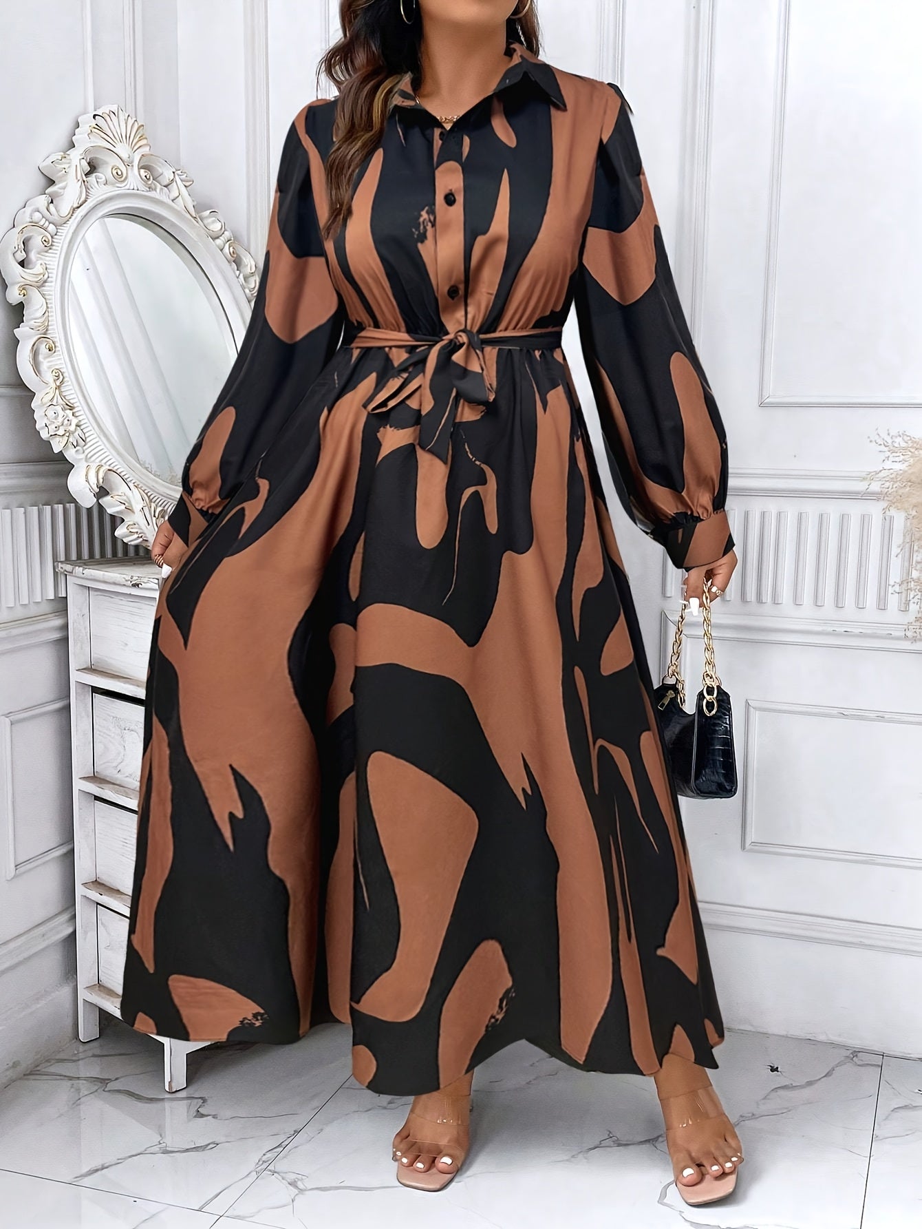 Robe chemise à manches longues pour femmes grande taille - Taille ceinturée