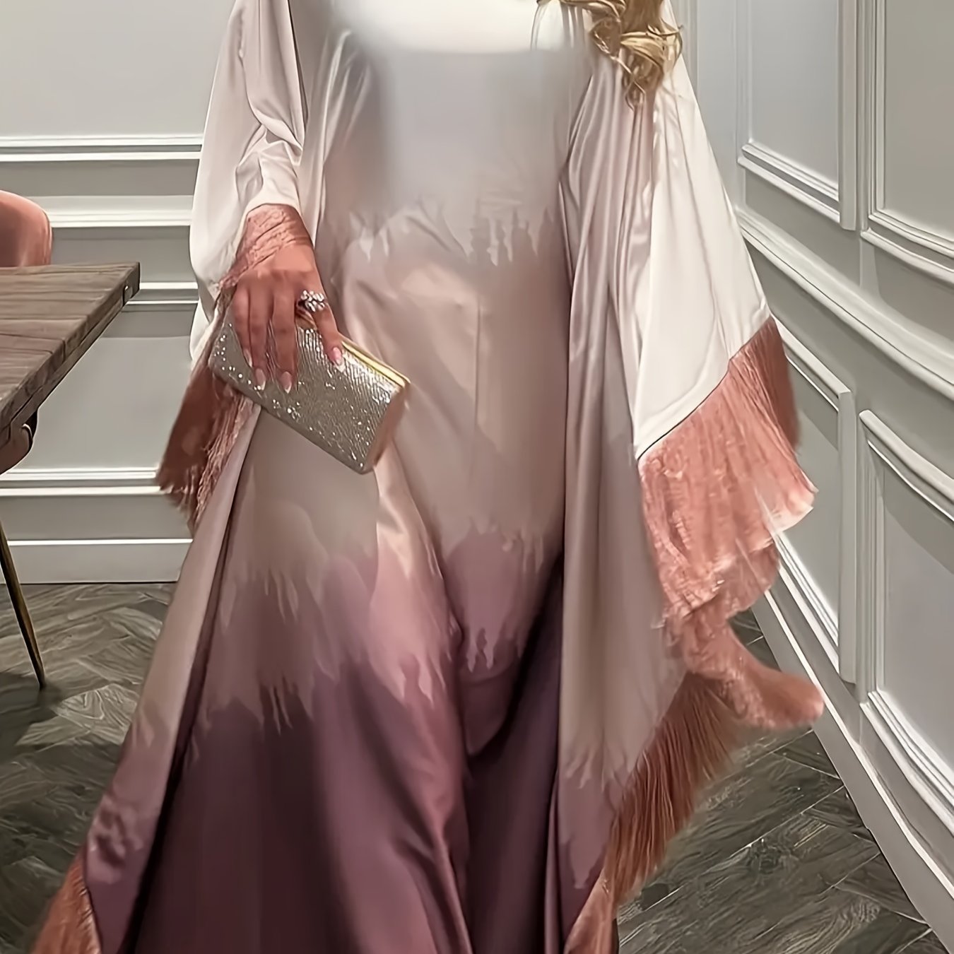 Robe longue ombre élégante rose dégradé à lavande pour femmes avec ourlet à pampilles irréguliers