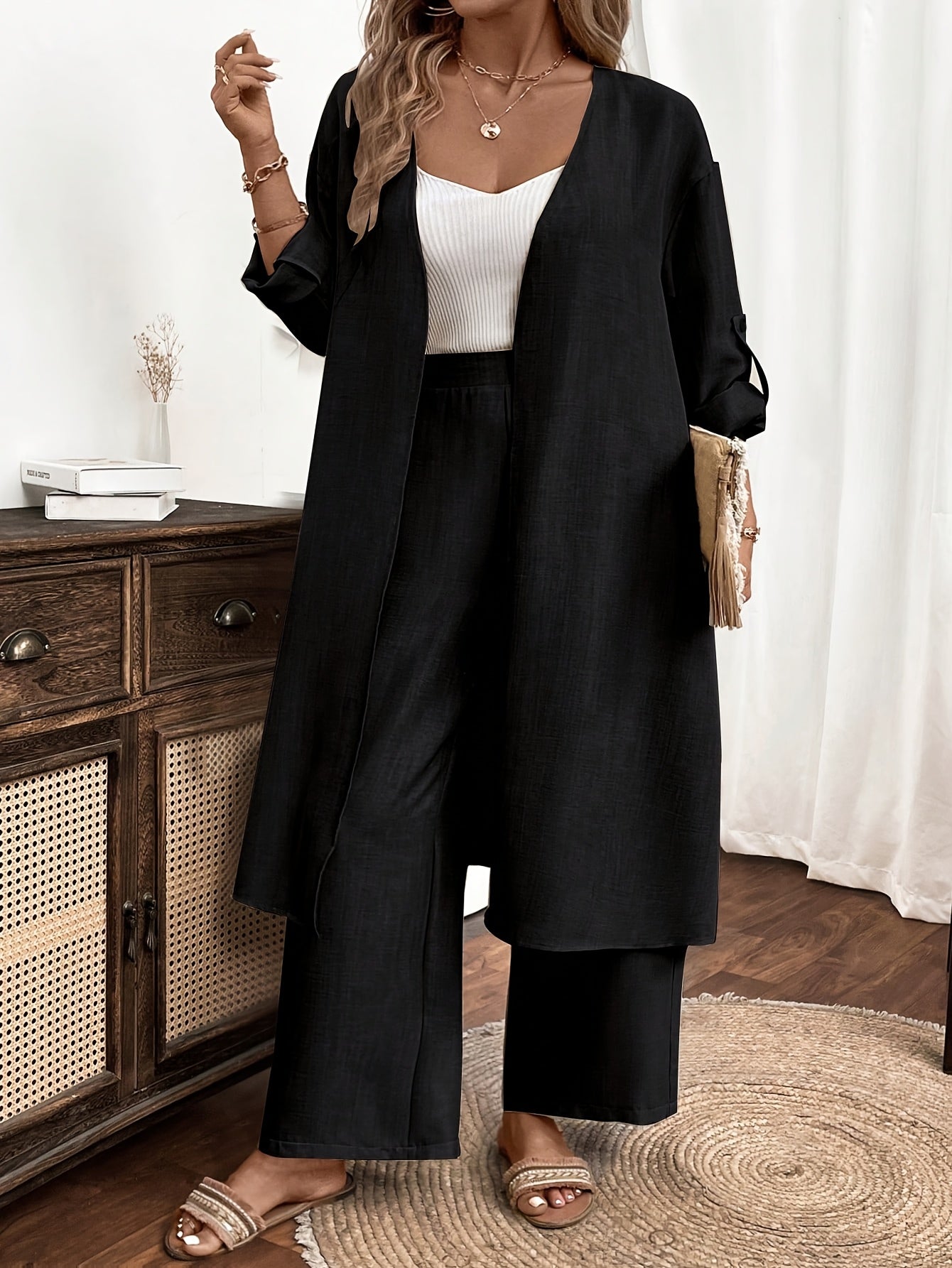 Grande Taille - Ensemble Haut + Pantalon Élégant À Manches Longues Décontracté En Deux Pièces Grande Taille Pour Femmes