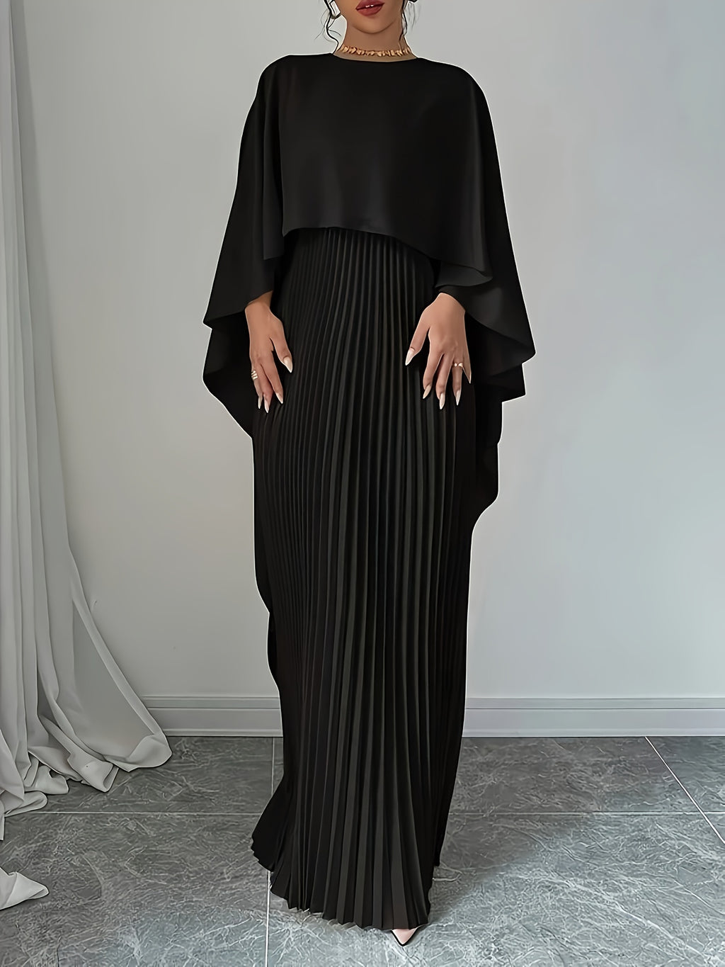 Stylish Women's Long Pleated Cape Dress with Cardigan Set
