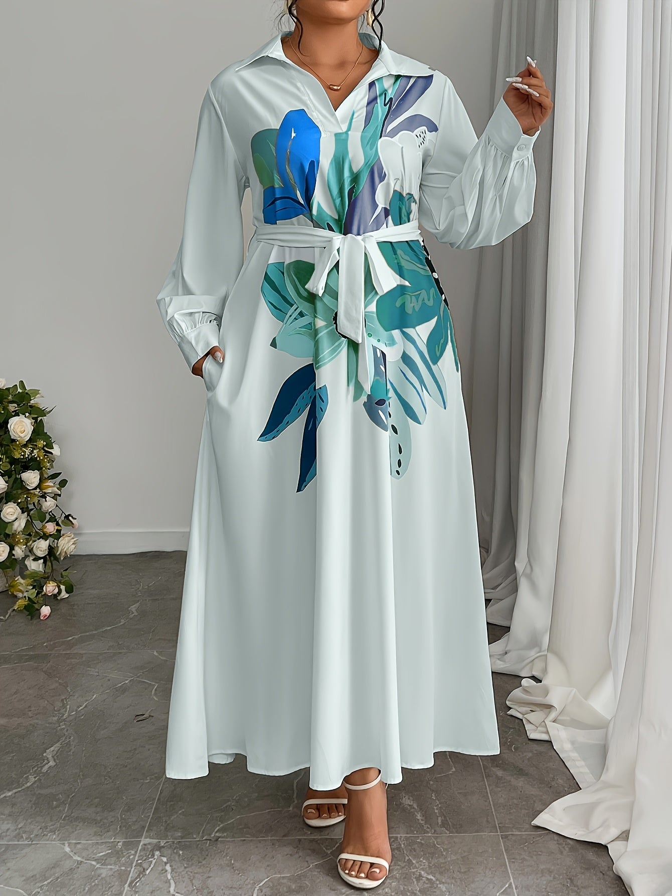 Plus Size, Plus Size Women's Elegant Floral Pattern Loose Side Pocket Maxi Dress, Spring/Autumn Long Length