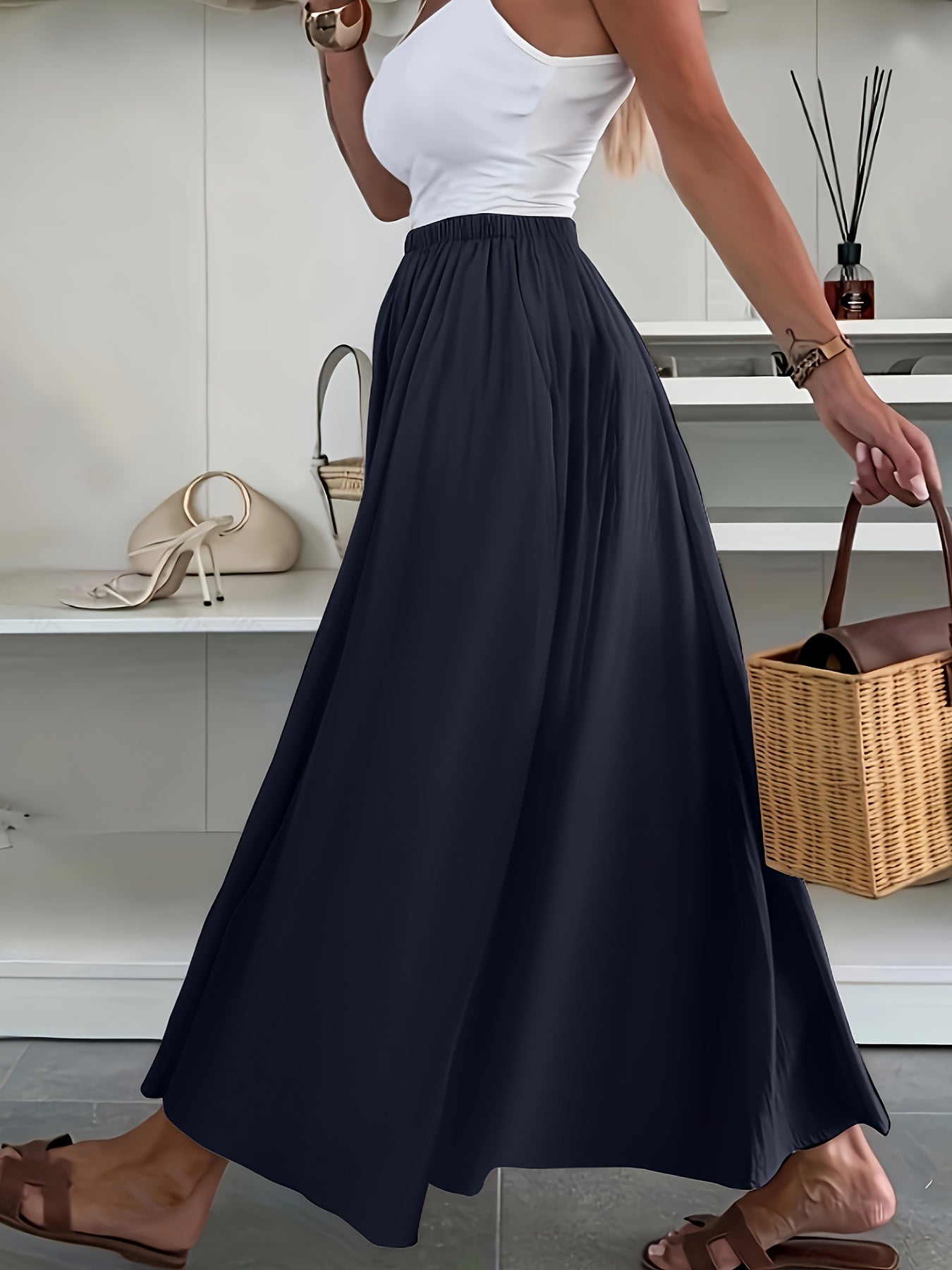 Women'S Casual Solid Color Flared Skirt with Pockets - Regular Fit, All-Season, No Belt, Allseason Skirt|Casual Style Skirt|Pocketed Skirt